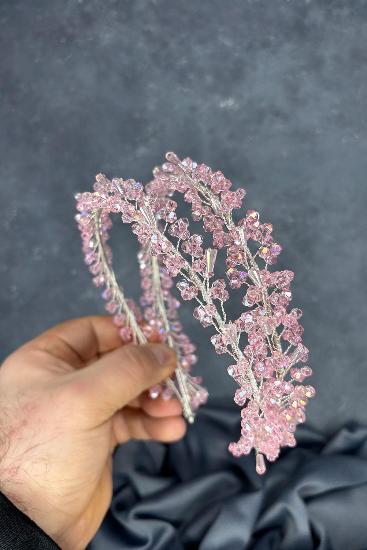 Pembe Sare Model Çift Sıra Gelin Kına Tacı Saç Aksesuarı