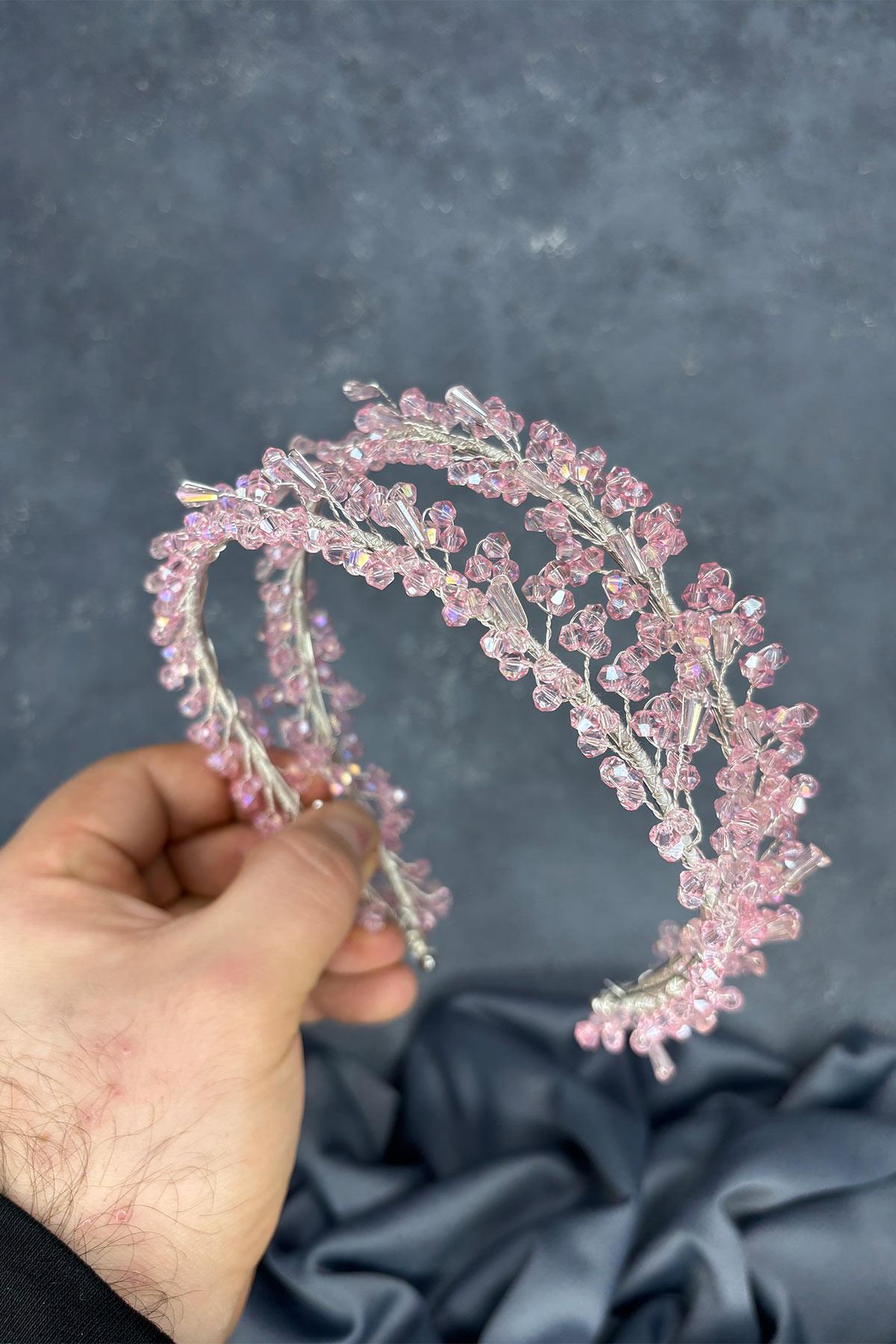 Pembe Sare Model Çift Sıra Gelin Kına Tacı Saç Aksesuarı