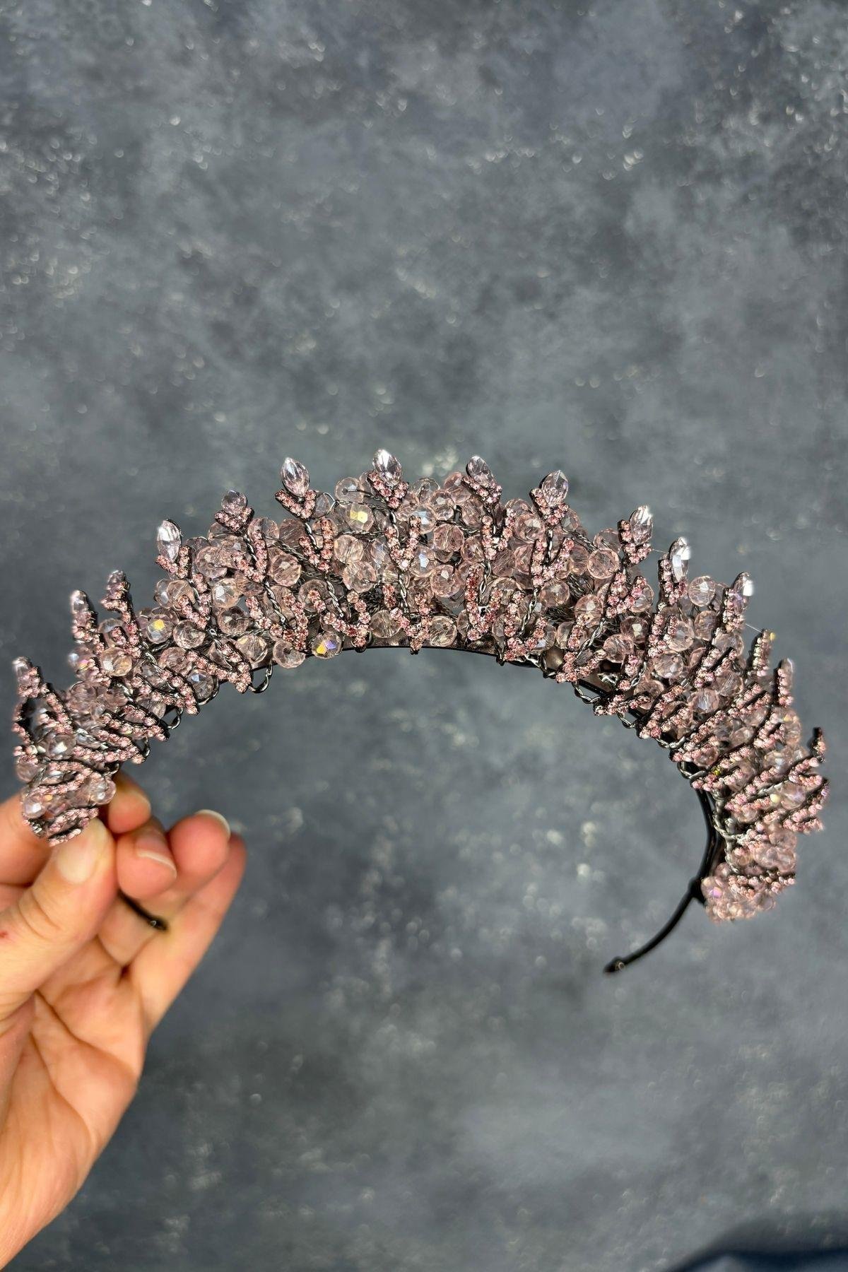 Pudra Kristal Boncuk İşlemeli Buğlem Gelin Tacı