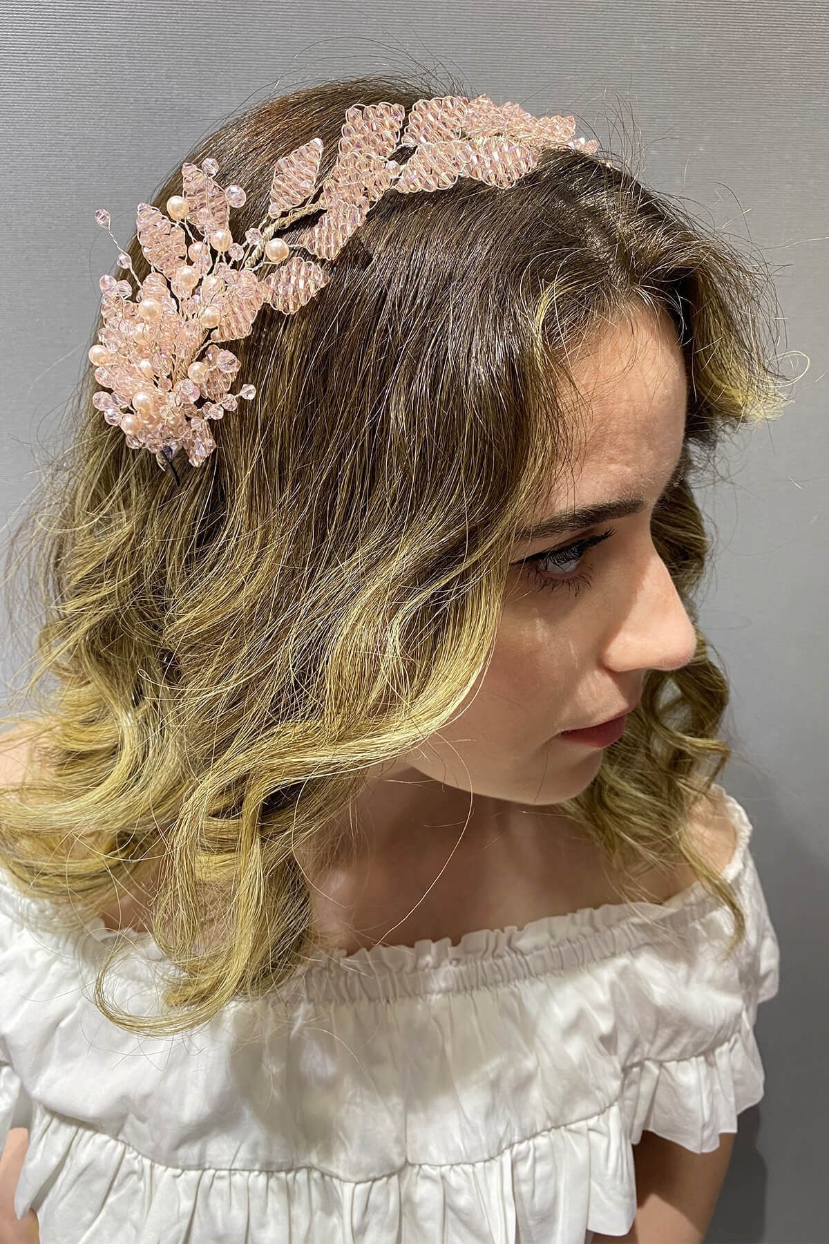 Pudra Yaprak Model Boncuklu Saç ve Türban Aksesuarı