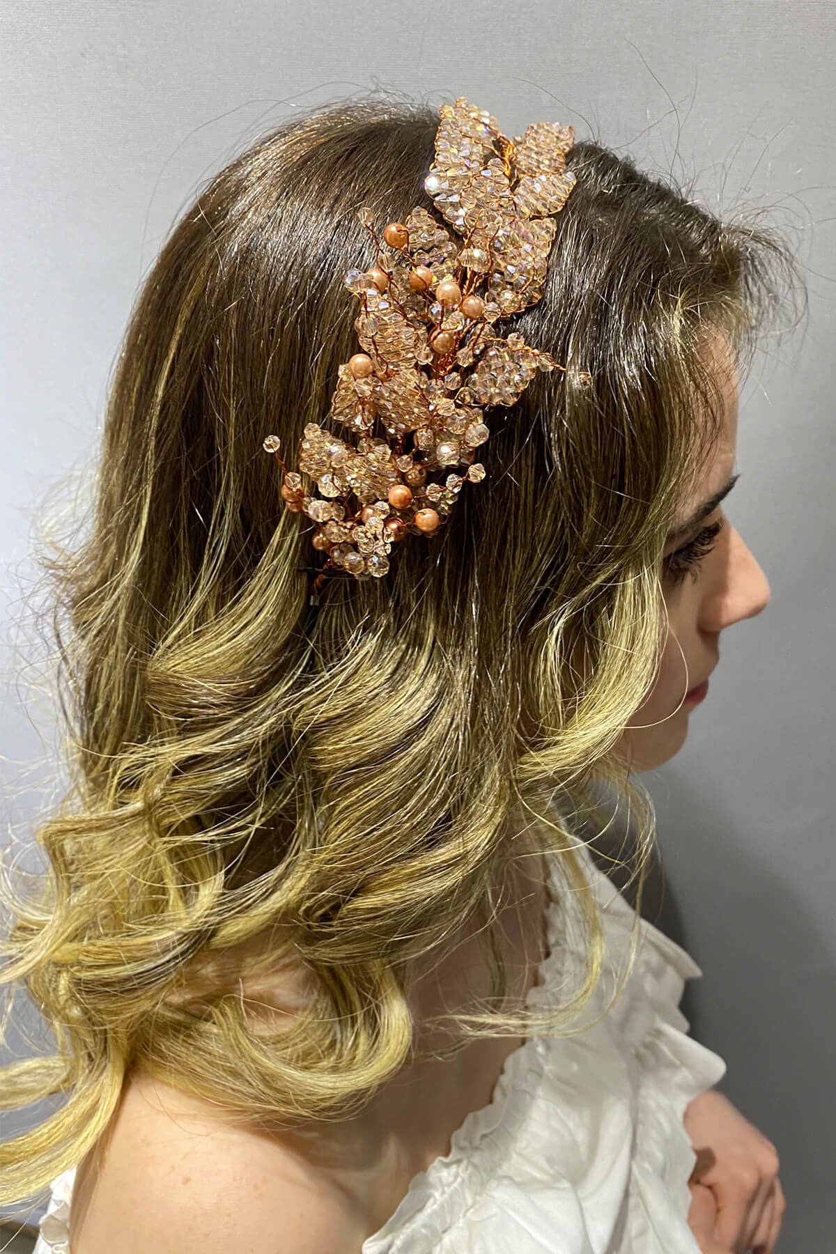 Rose Rengi Yaprak Model Boncuklu Saç ve Türban Aksesuarı