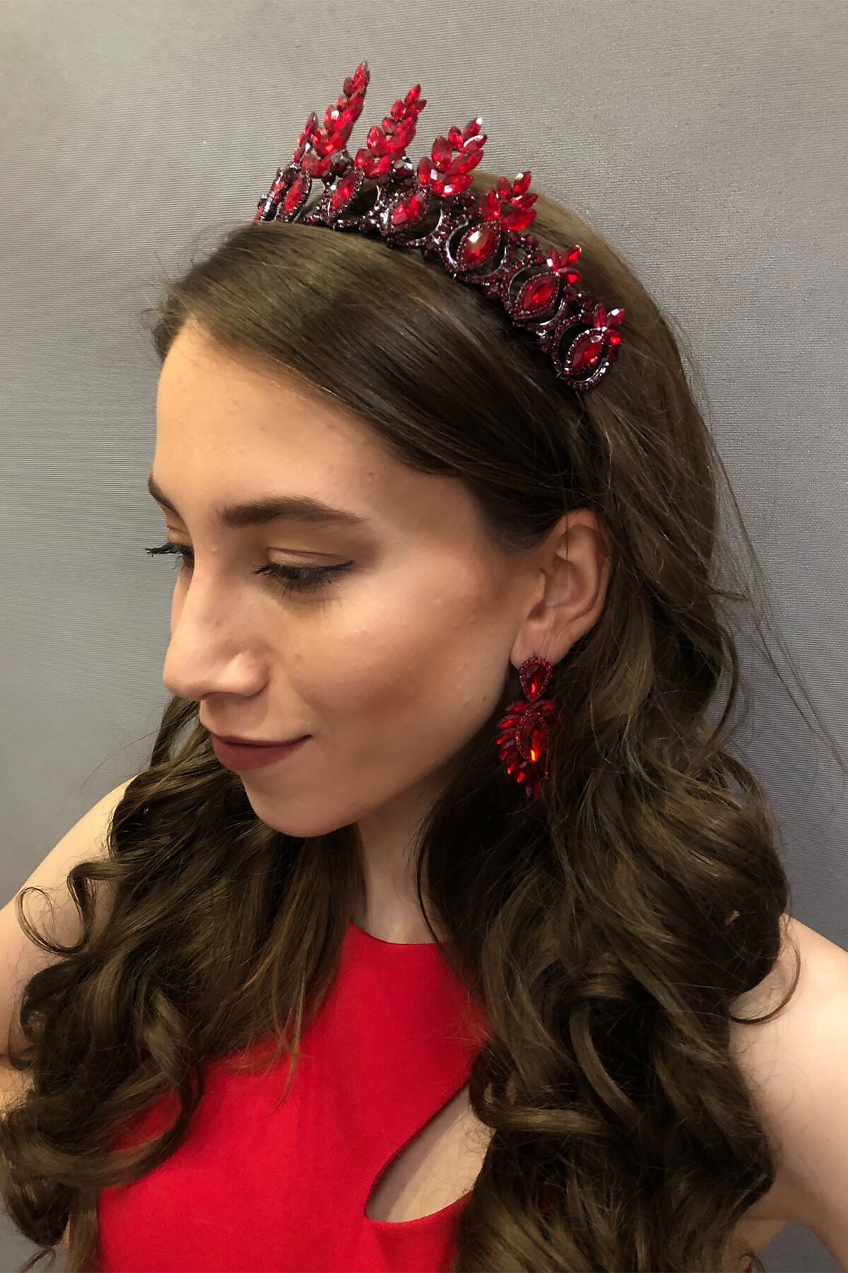 Sadira Model Bordo Gelin Kına Tacı ve Küpesi