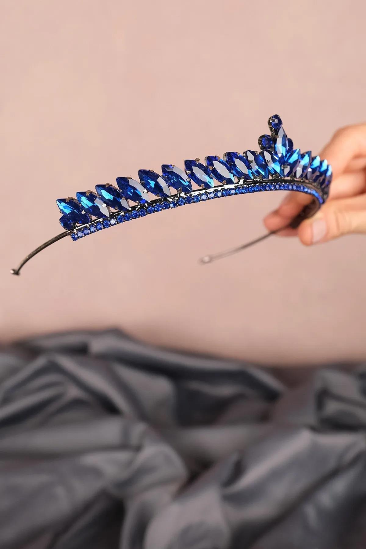 Saks Mavi Ince Mekik Taşlı Gelin Kına Tacı