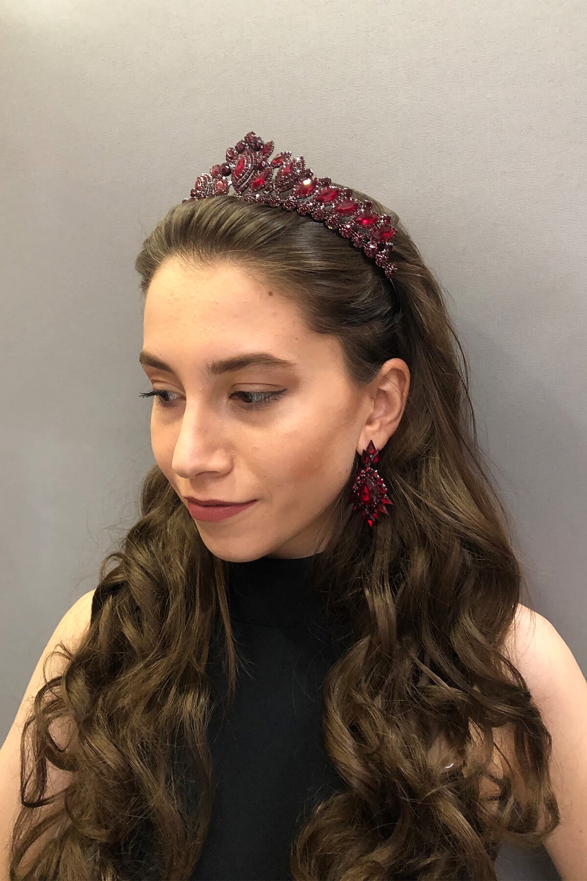 Salmy Model Bordo Gelin Kına Tacı ve Küpesi