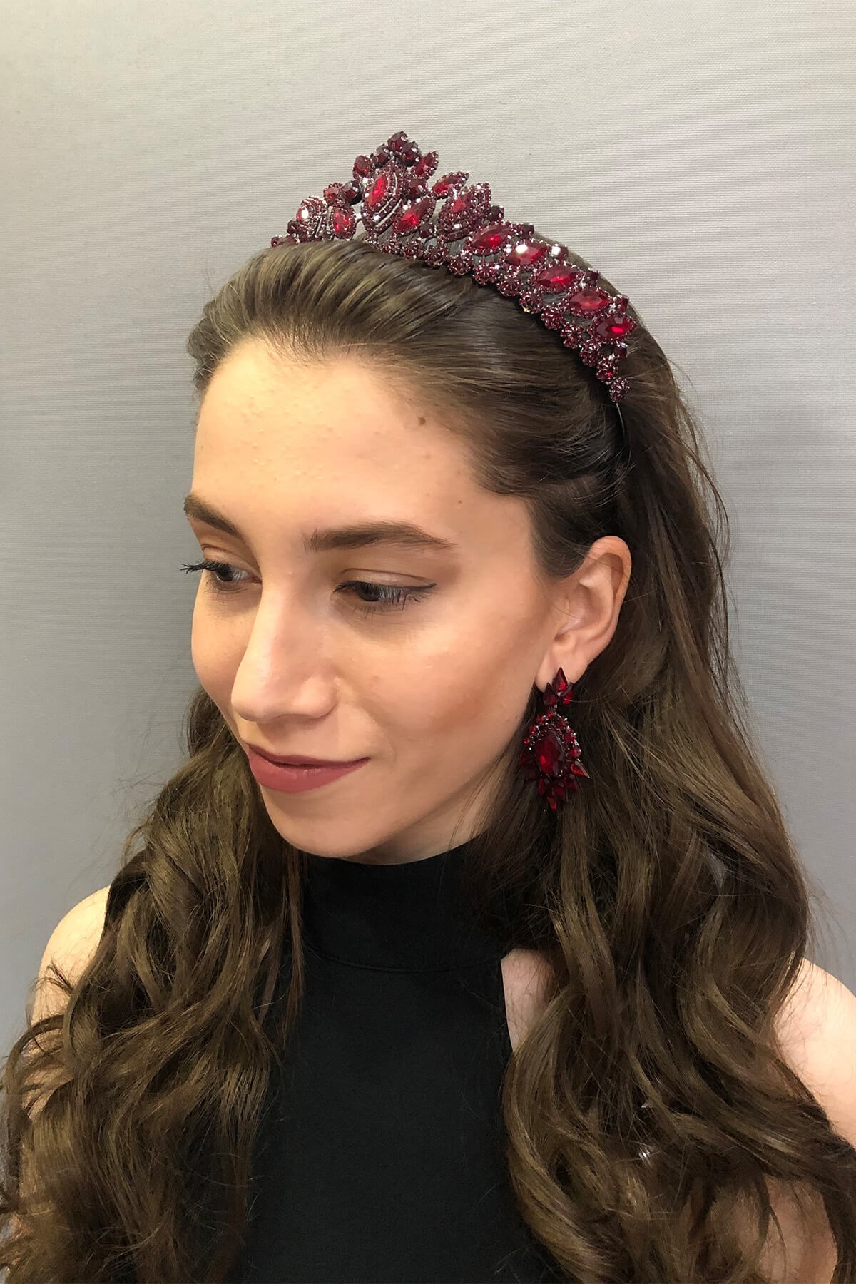 Salmy Model Bordo Gelin Kına Tacı ve Küpesi