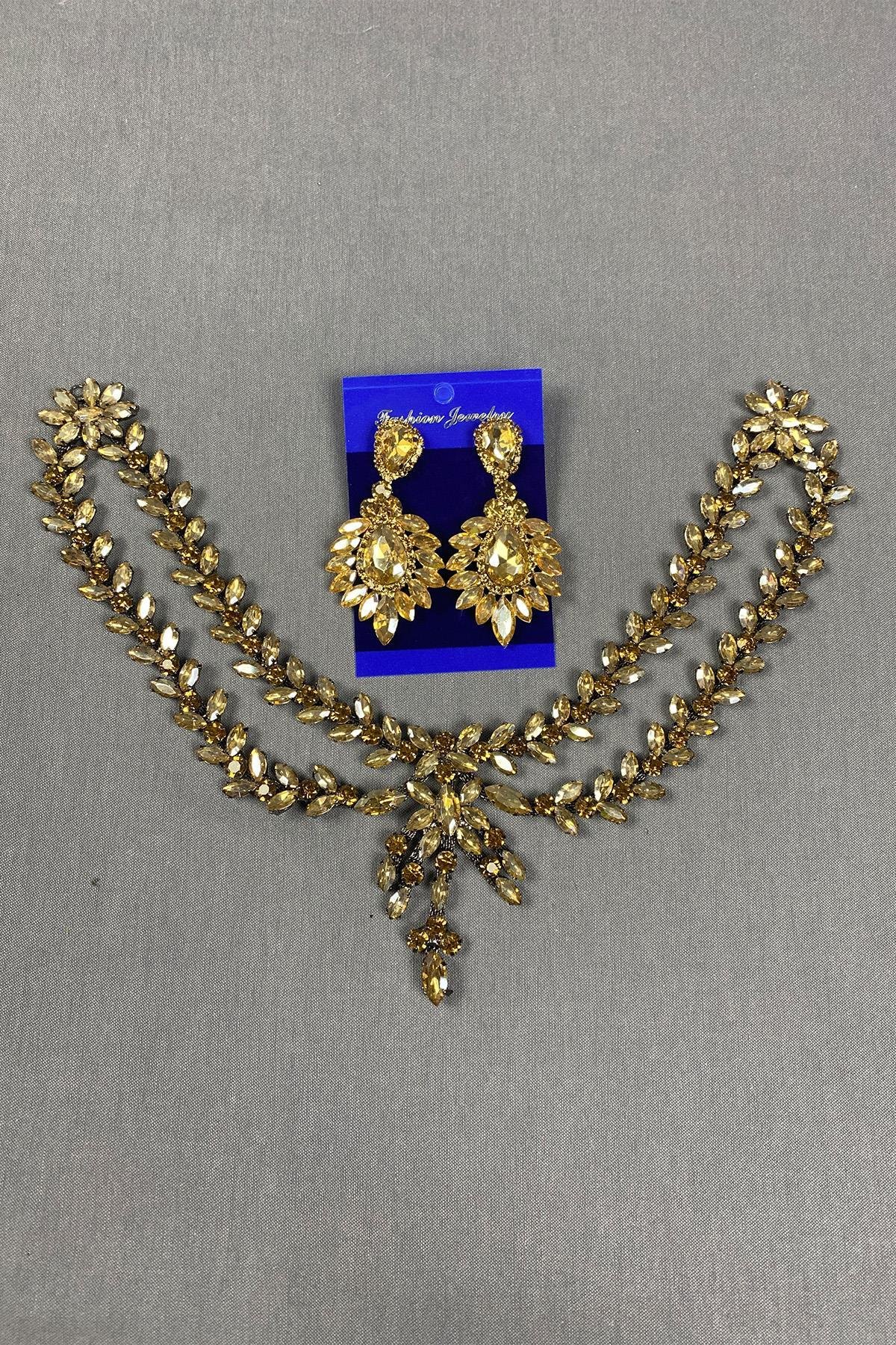 Sultan Taşlı Alınlık Gelin Kına Saç Aksesuarı ve Mekik Taşlı Küpesi