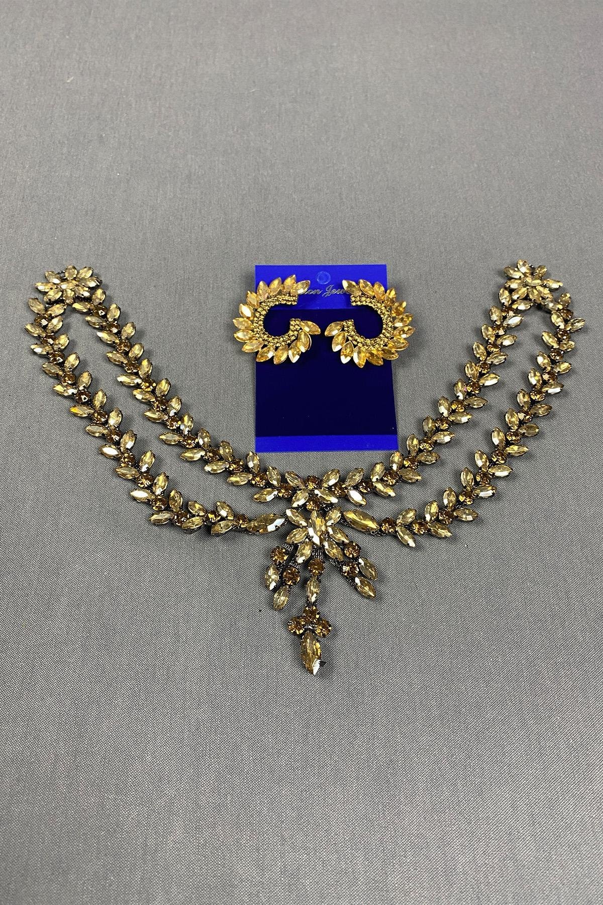 Sultan Taşlı Alınlık Gelin Kına Saç Aksesuarı ve Yuvarlak Taşlı Küpesi