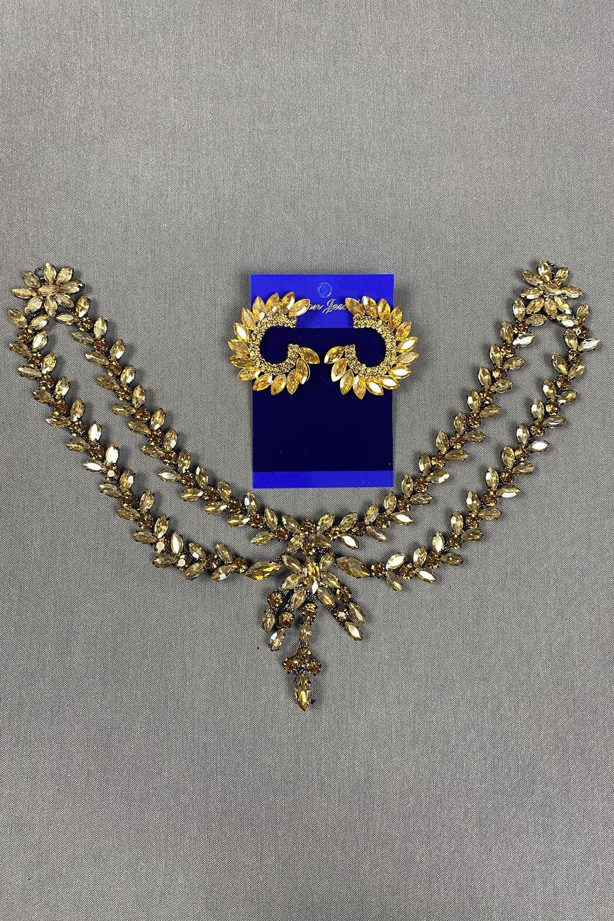 Sultan Taşlı Alınlık Gelin Kına Saç Aksesuarı ve Yuvarlak Taşlı Küpesi