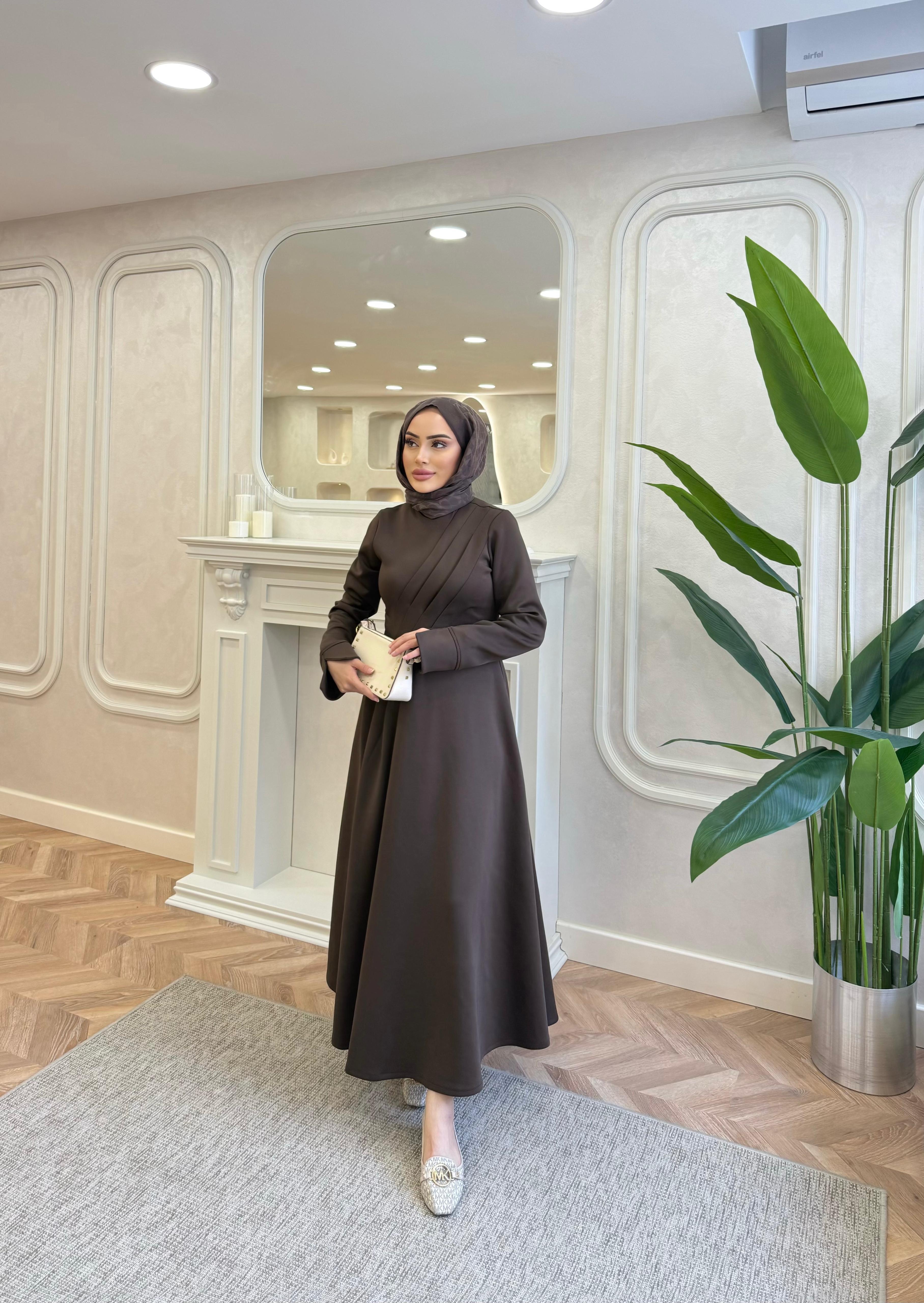 ELBSE-07H&R ButikBear Scuba Elbise Kahverengi