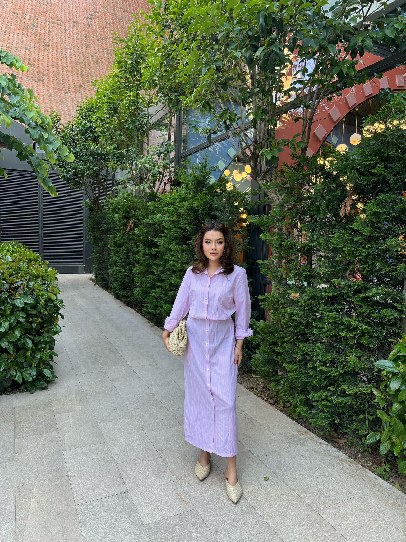 elbs-1358H&R ButikBywen Çizgili Elbise Pembe