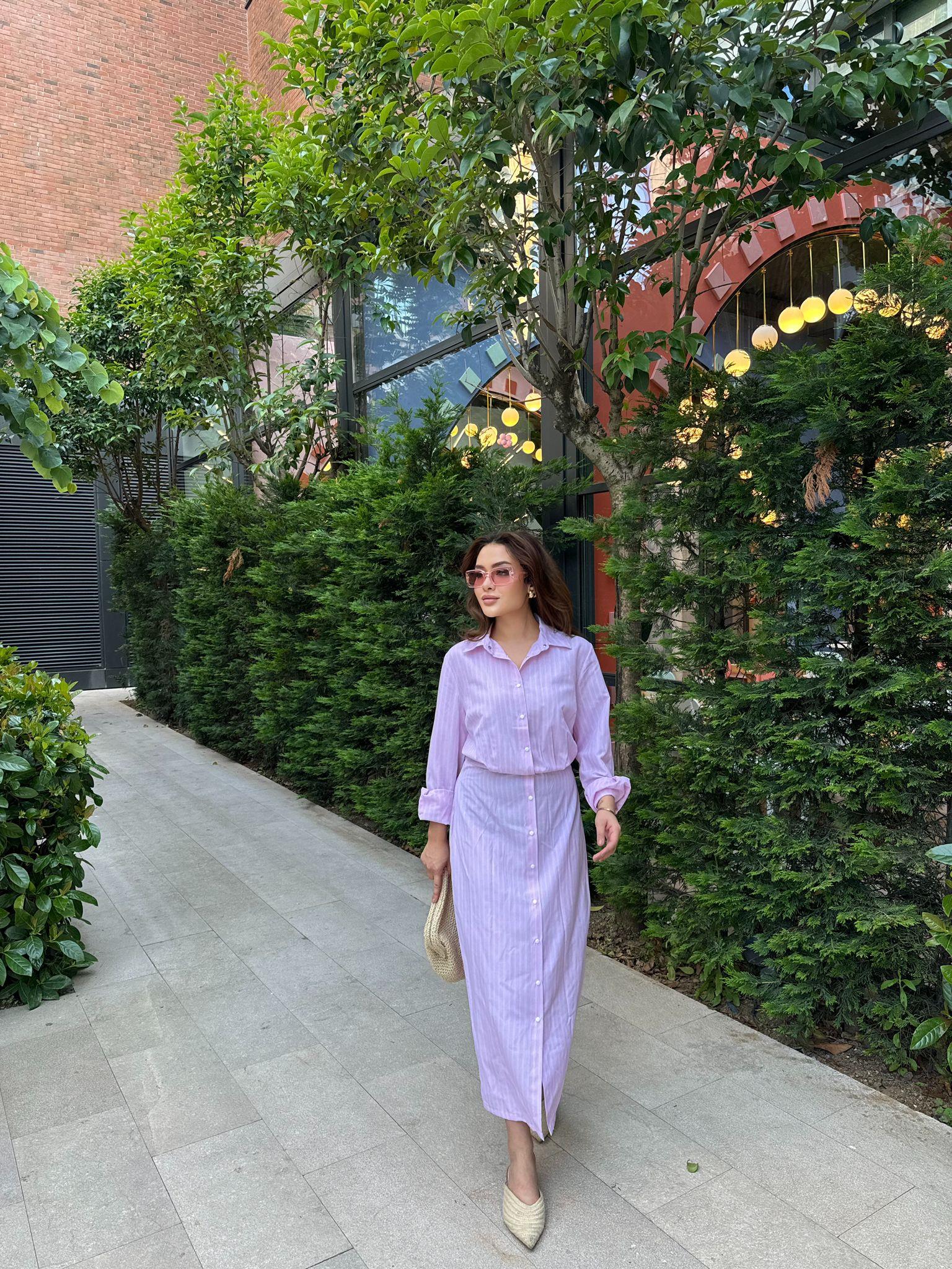 elbs-1358H&R ButikBywen Çizgili Elbise Pembe