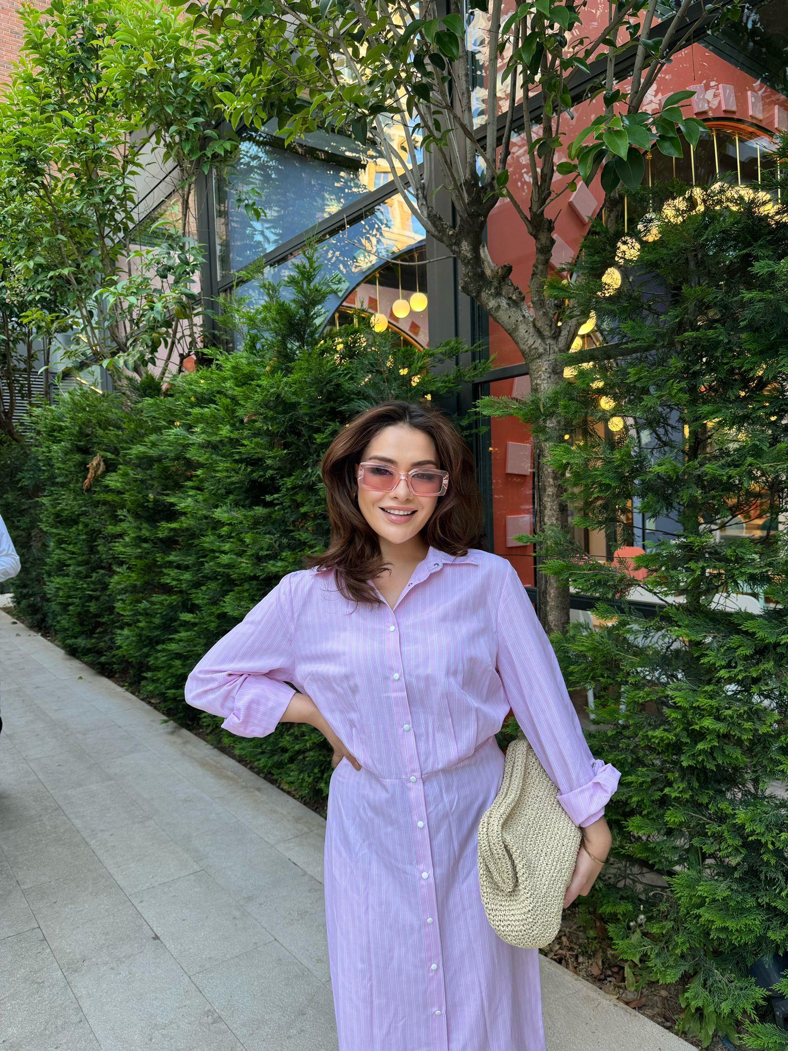 elbs-1358H&R ButikBywen Çizgili Elbise Pembe