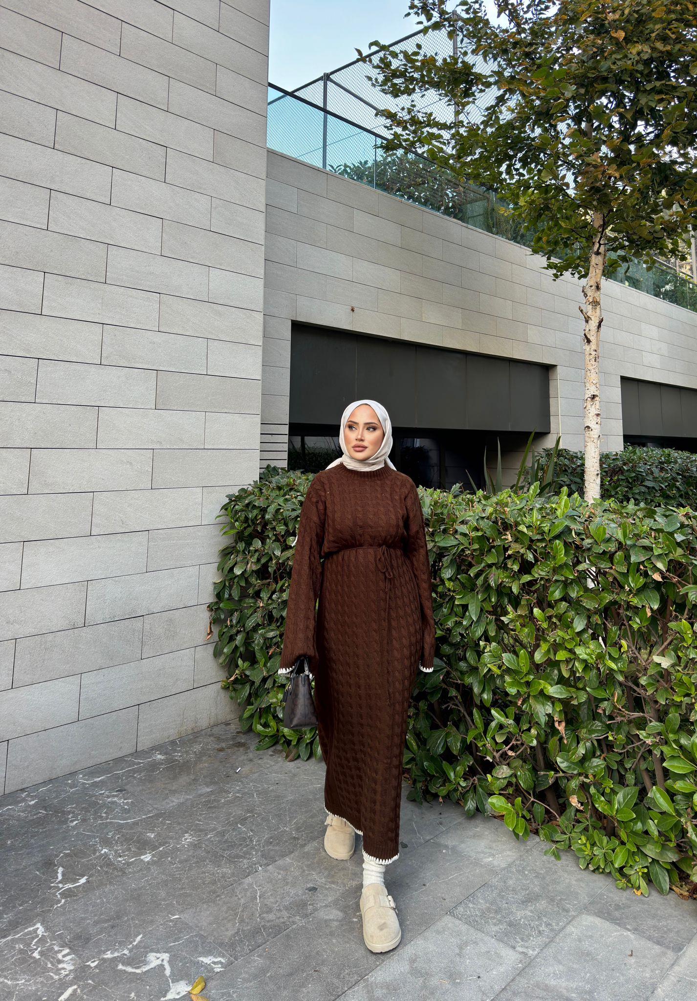 elbs-1514H&R ButikDantel Detaylı Rema Örgü Elbise Kahve