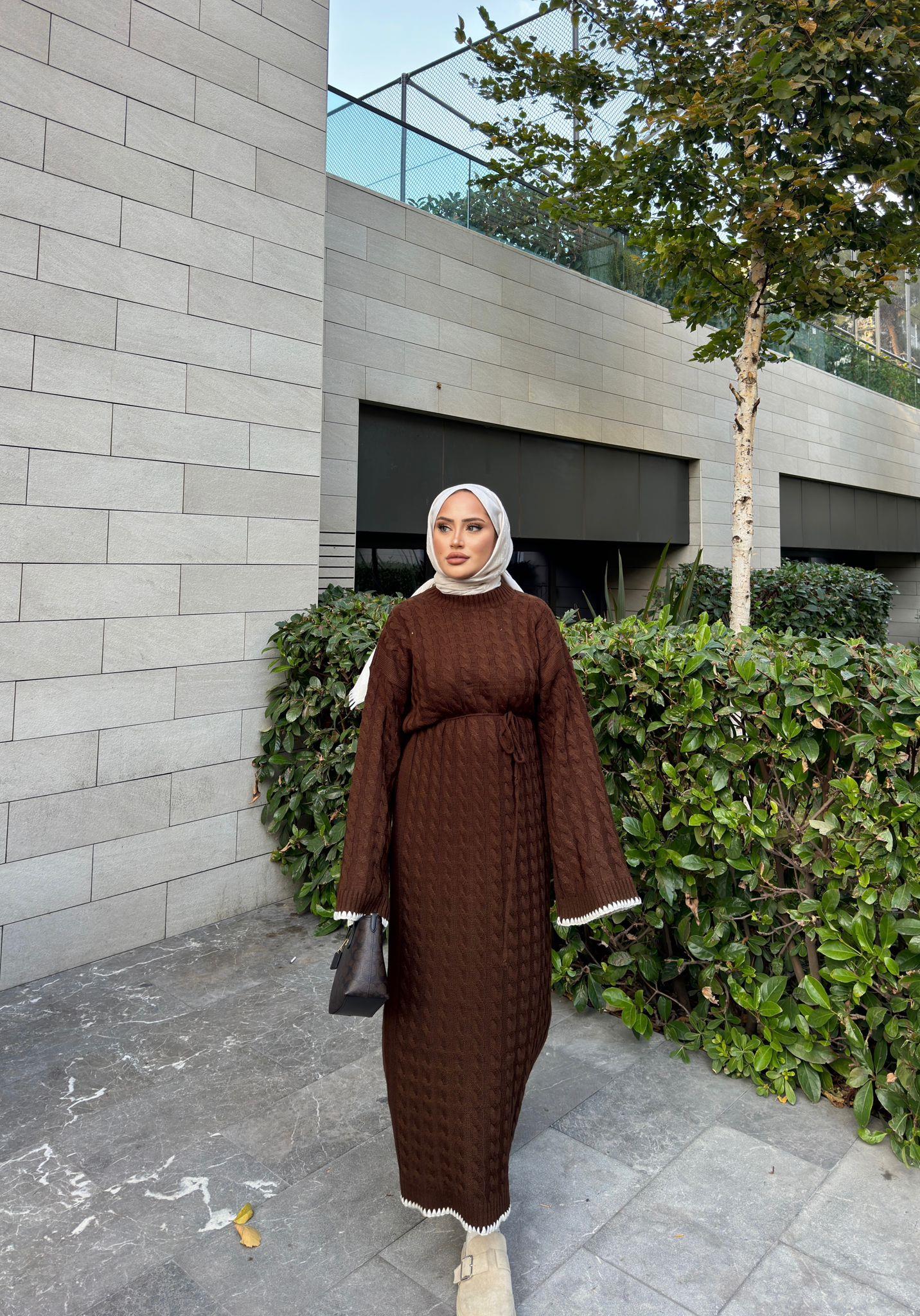 elbs-1514H&R ButikDantel Detaylı Rema Örgü Elbise Kahve