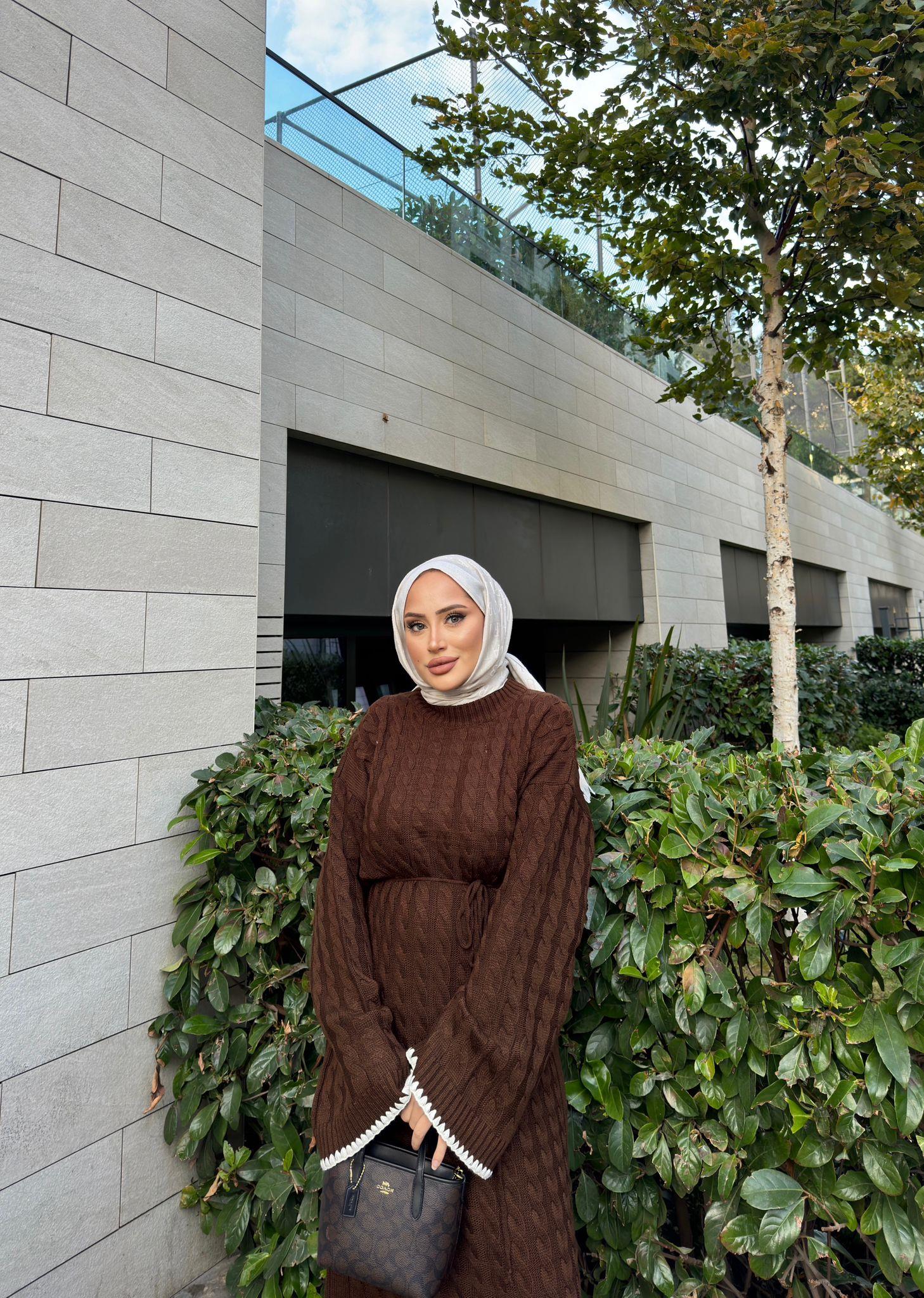 elbs-1514H&R ButikDantel Detaylı Rema Örgü Elbise Kahve