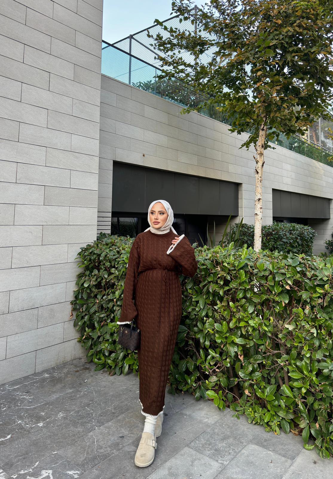 elbs-1514H&R ButikDantel Detaylı Rema Örgü Elbise Kahve