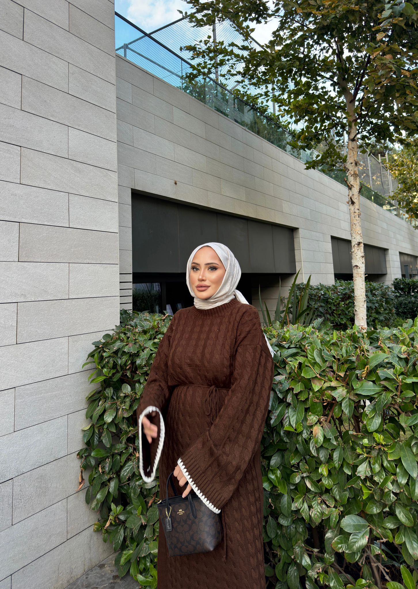 elbs-1514H&R ButikDantel Detaylı Rema Örgü Elbise Kahve