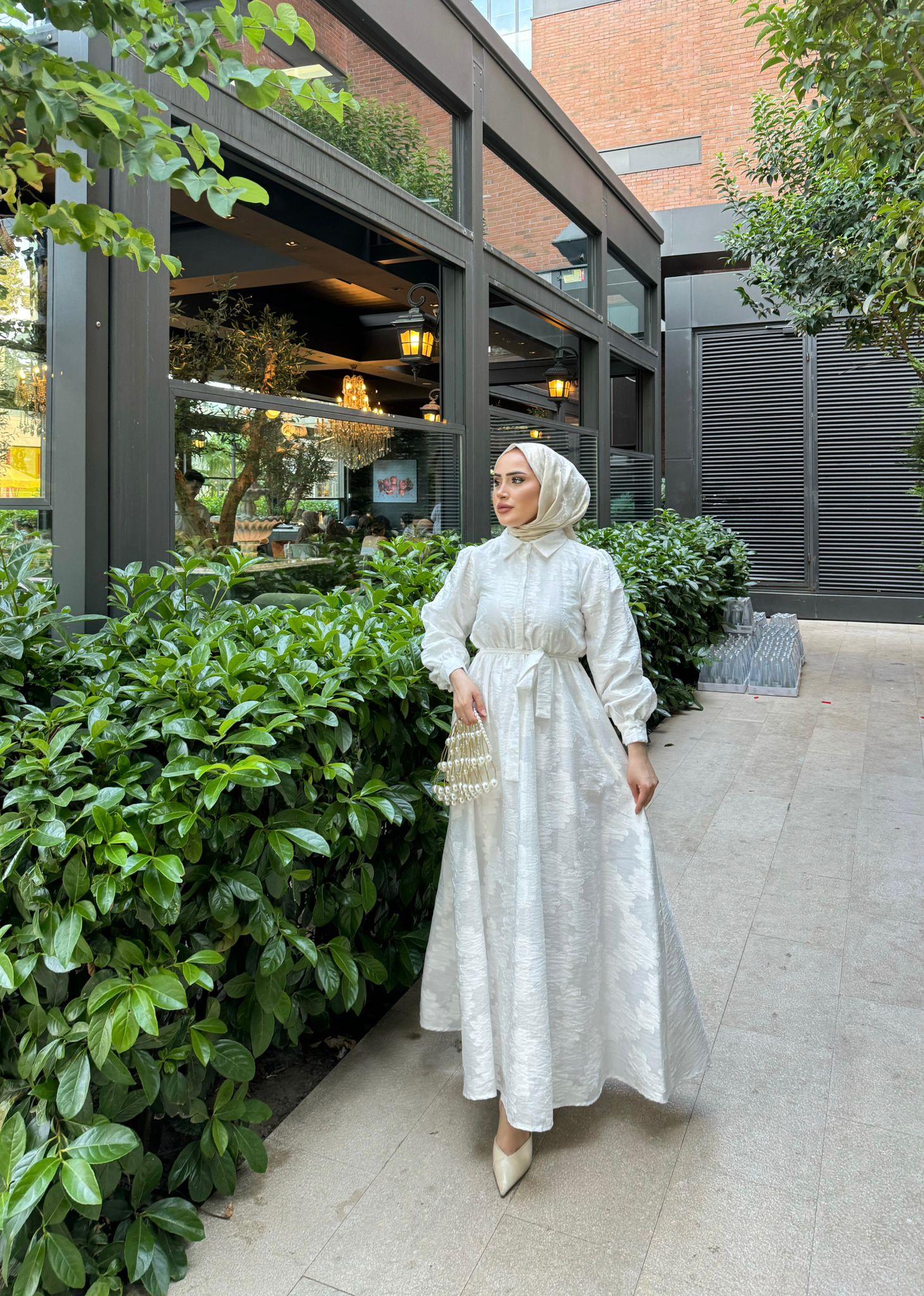 elbs-1392H&R ButikPapatya Desen İndirimli Elbise Beyaz