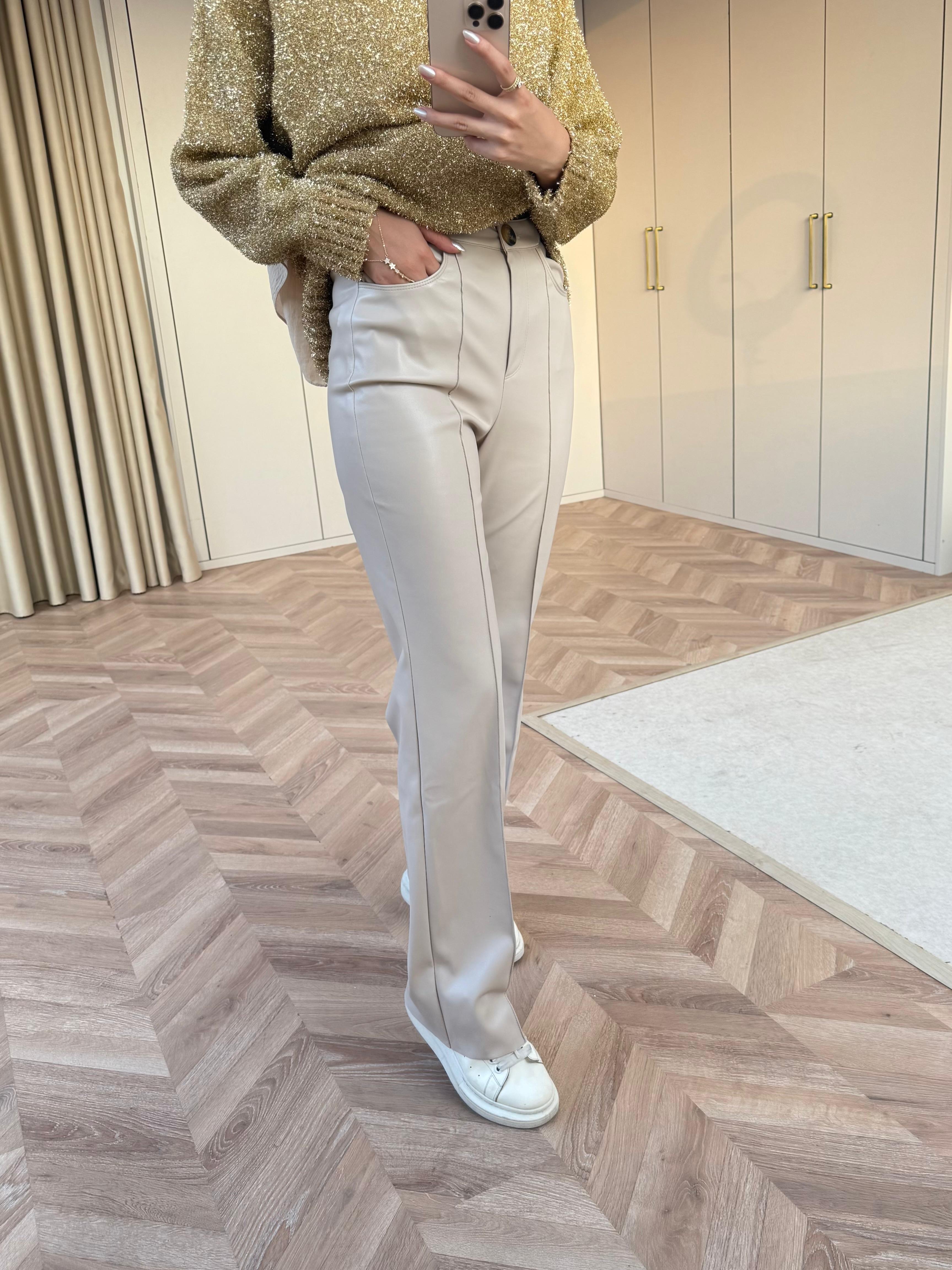 PNT-015H&R Butikİspanyol Paça Deri Pantolon Krem