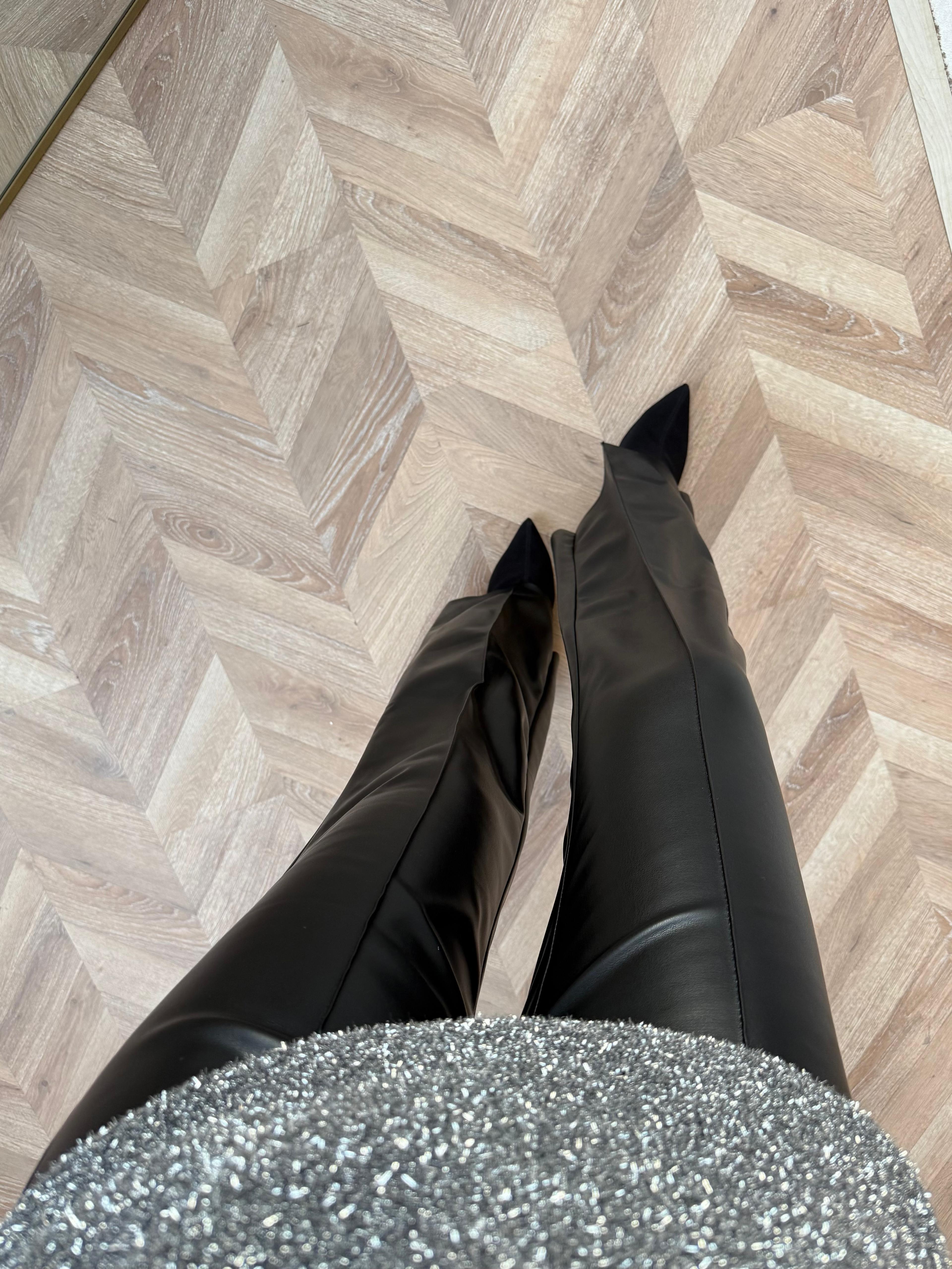 PNT-015H&R Butikİspanyol Paça Deri Pantolon Siyah