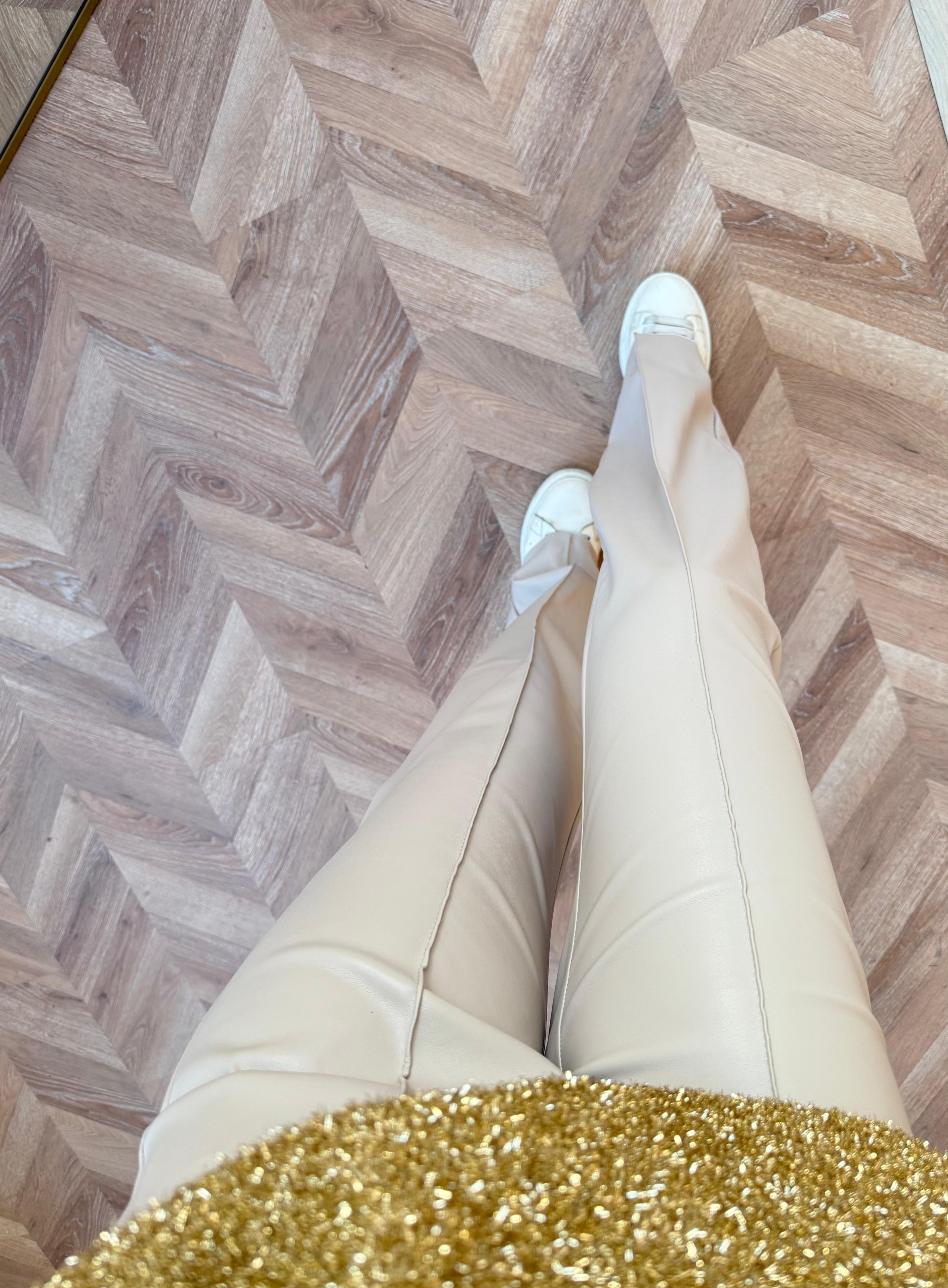 PNT-015H&R Butikİspanyol Paça Deri Pantolon Krem