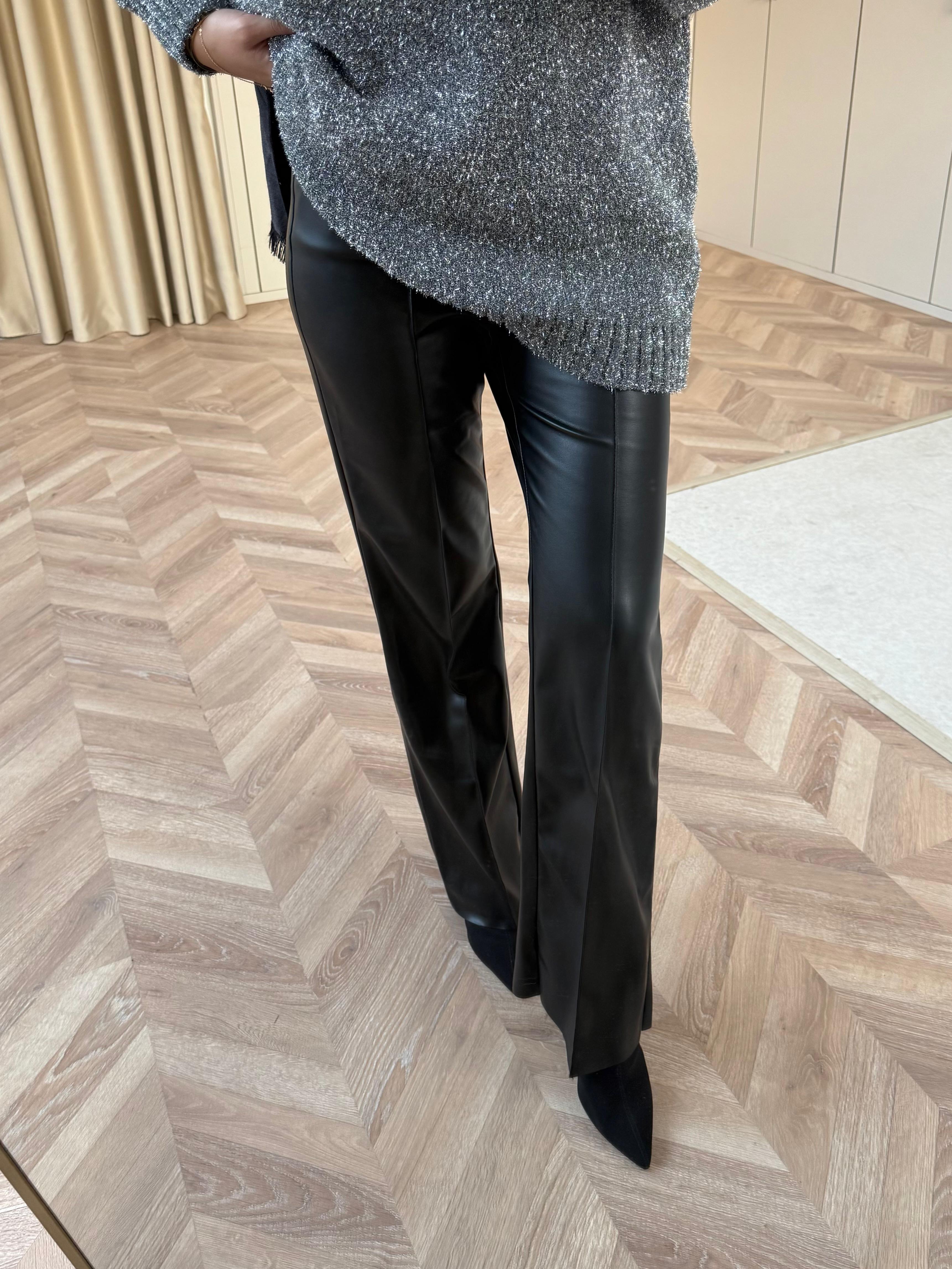 PNT-015H&R Butikİspanyol Paça Deri Pantolon Siyah