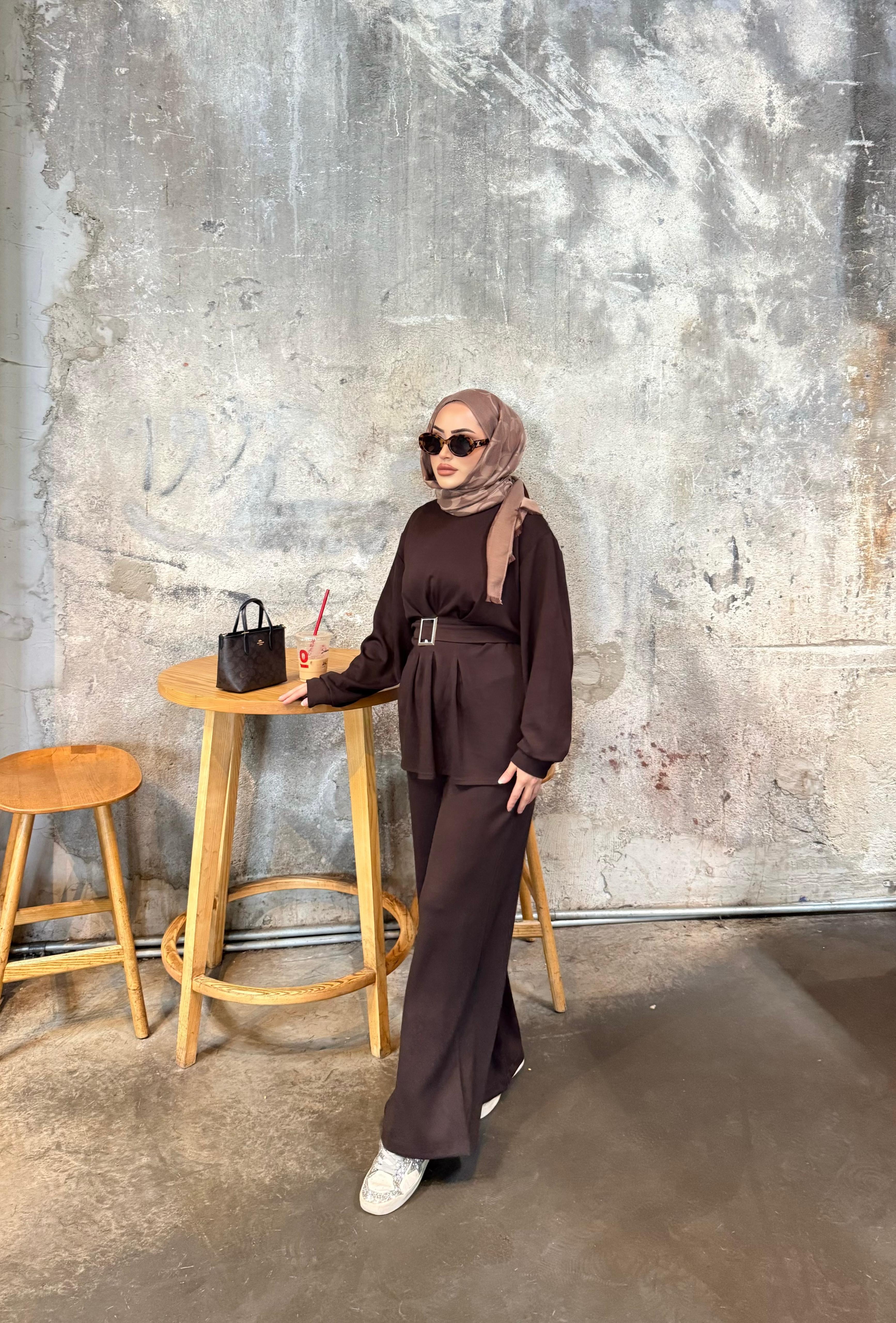 TKM-1914H&R ButikEsna Kemerli Oysh Takım Acı Kahve