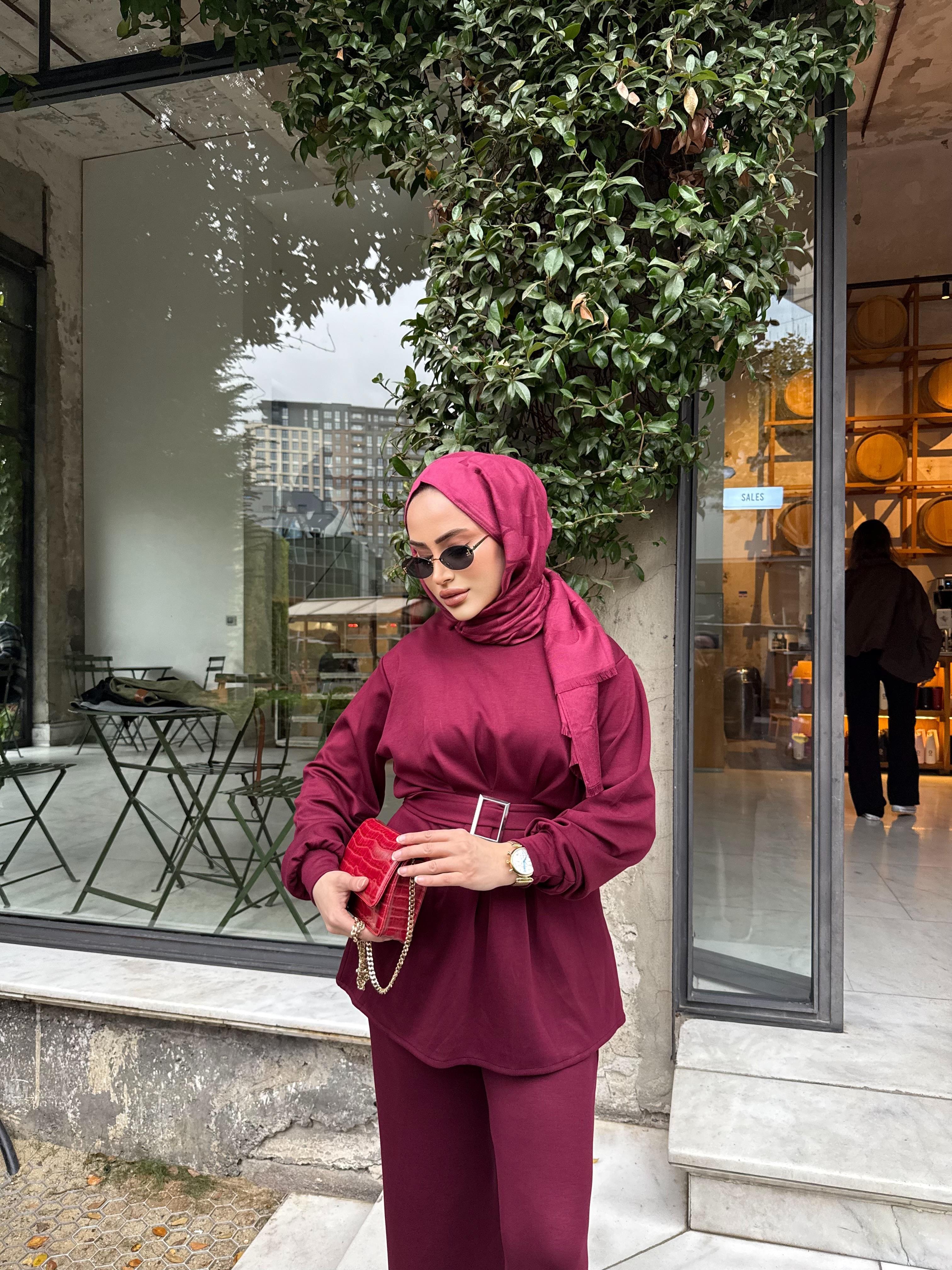 TKM-1912H&R ButikEsna Kemerli Oysh Takım Bordo