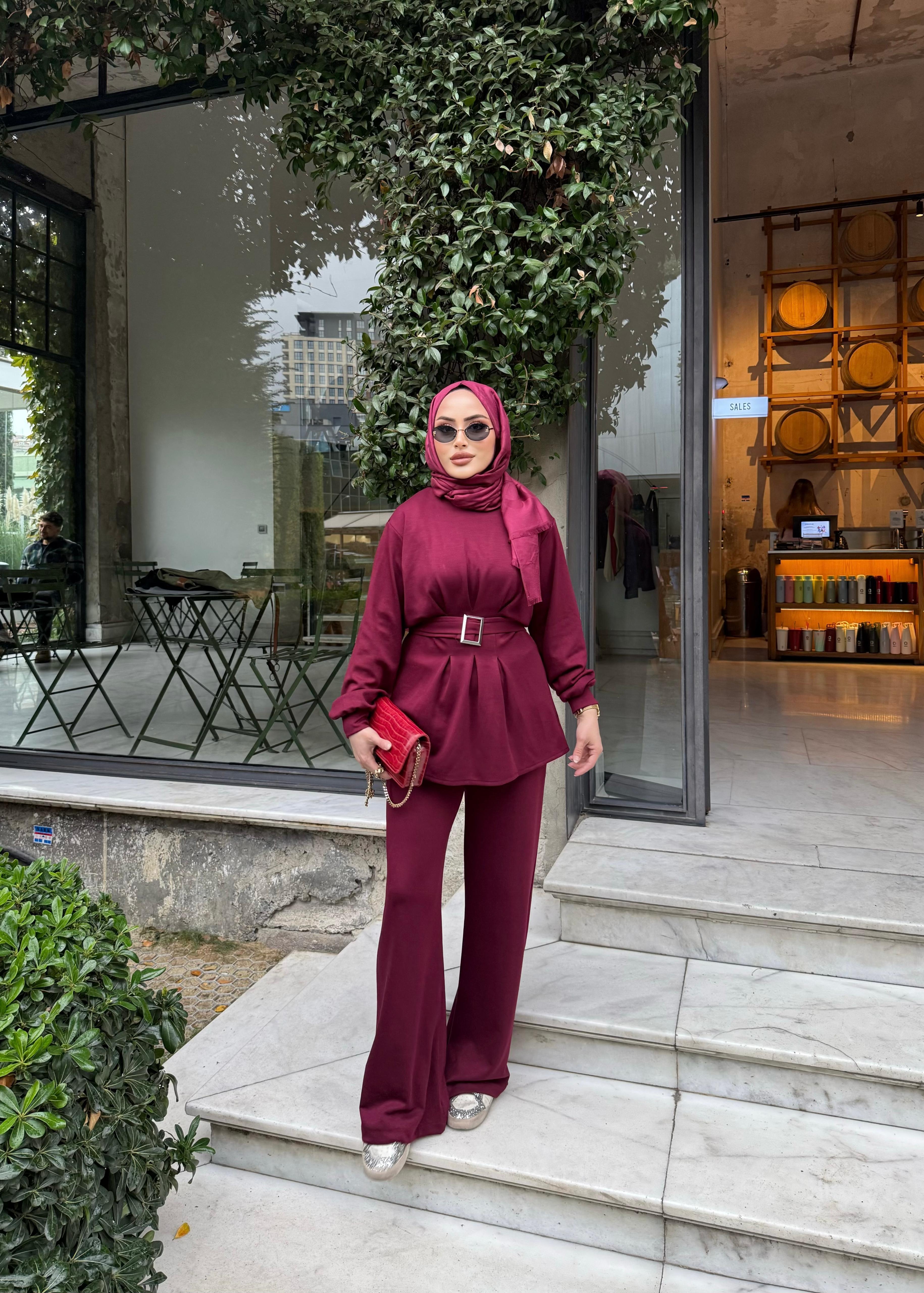 TKM-1912H&R ButikEsna Kemerli Oysh Takım Bordo