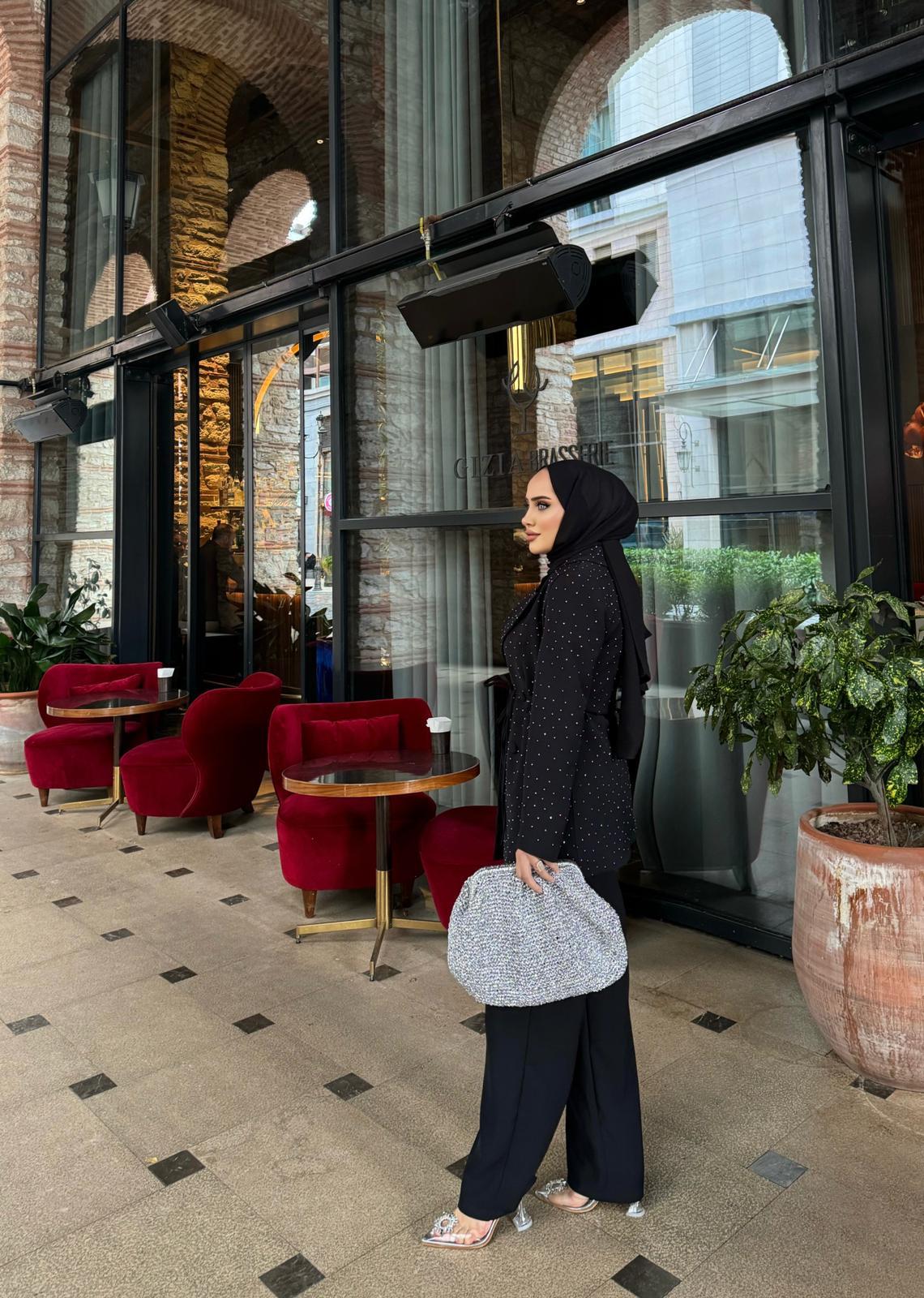 TAKM-1342H&R ButikGalve Taşlı Ceket Takım Siyah
