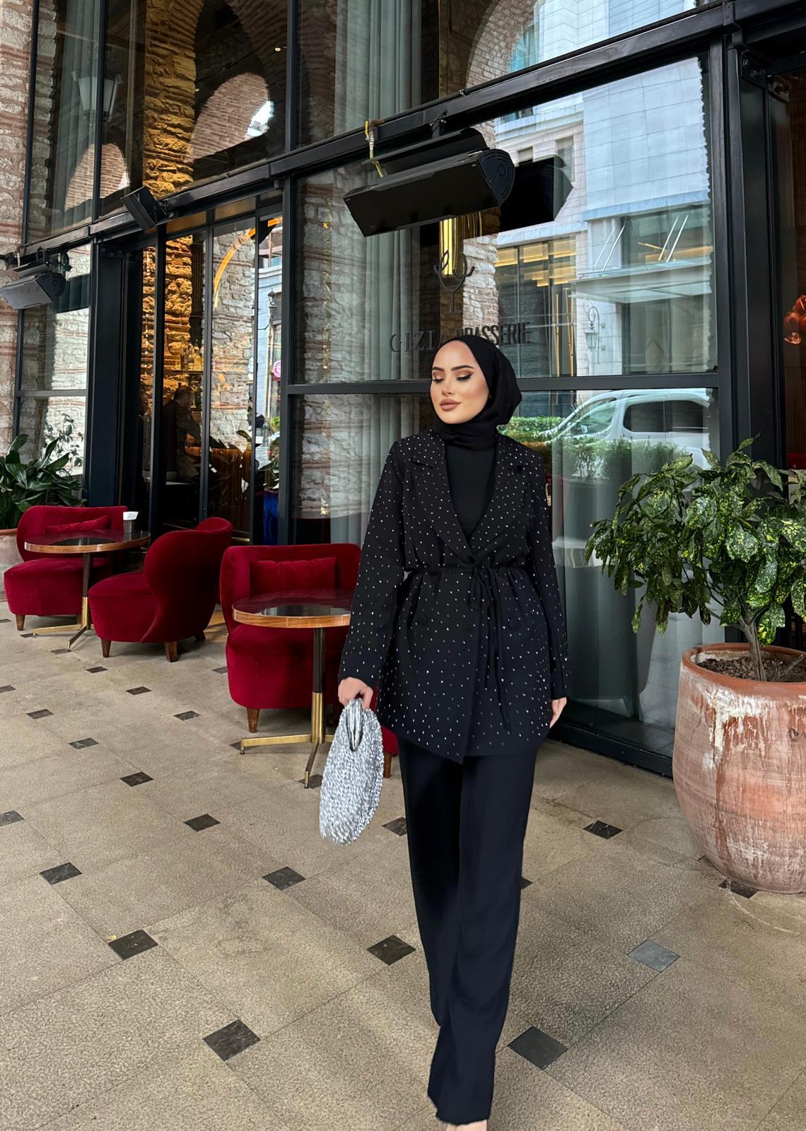 TAKM-1342H&R ButikGalve Taşlı Ceket Takım Siyah