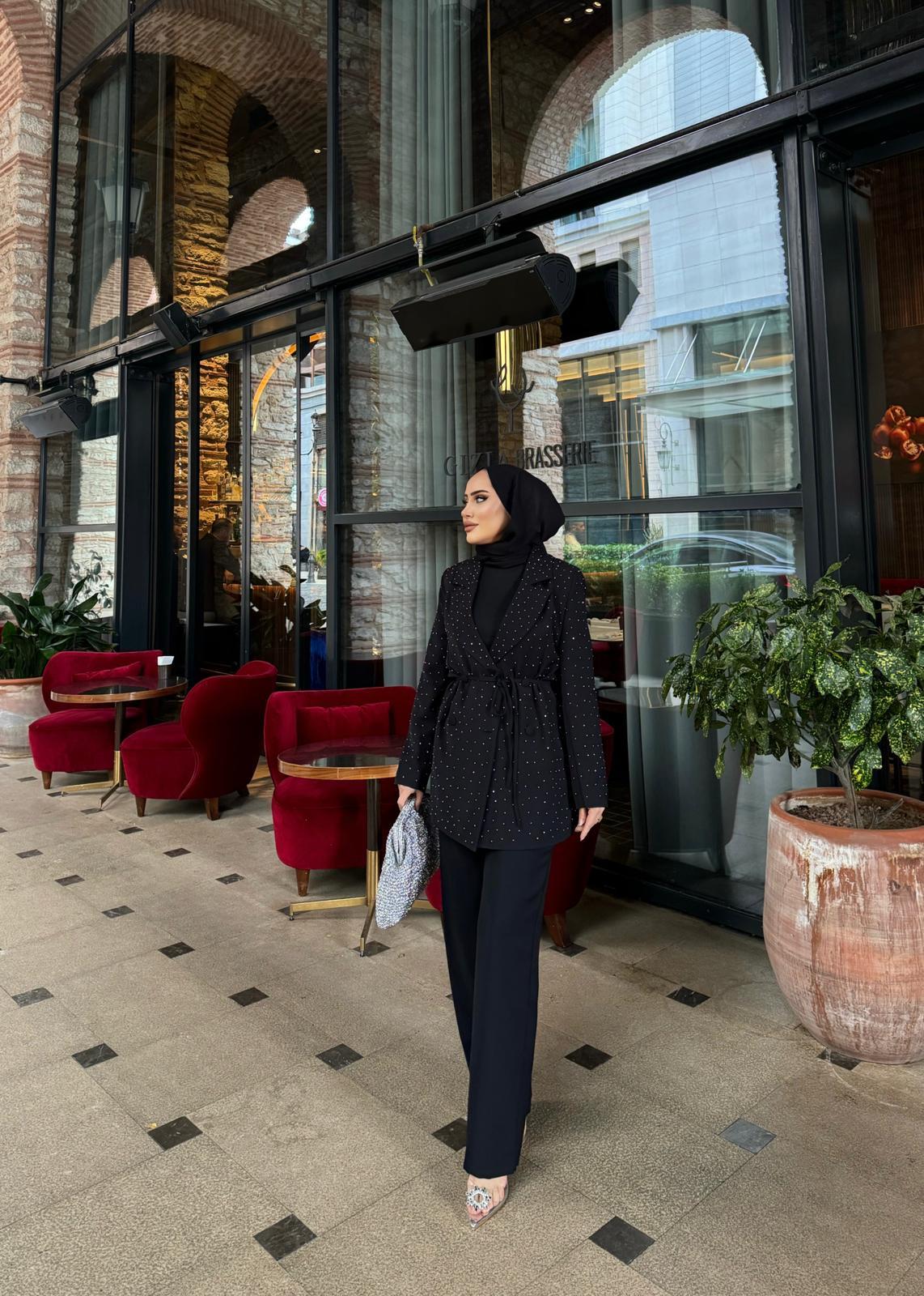 TAKM-1342H&R ButikGalve Taşlı Ceket Takım Siyah