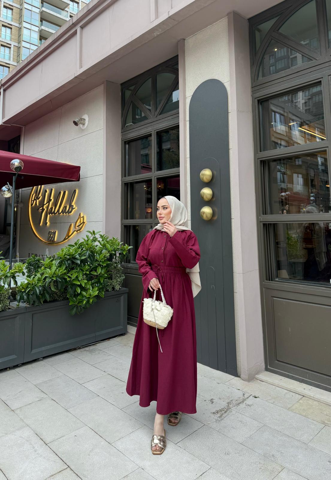 TAKM-1945H&R ButikHallab Keten Etekli Takım Bordo