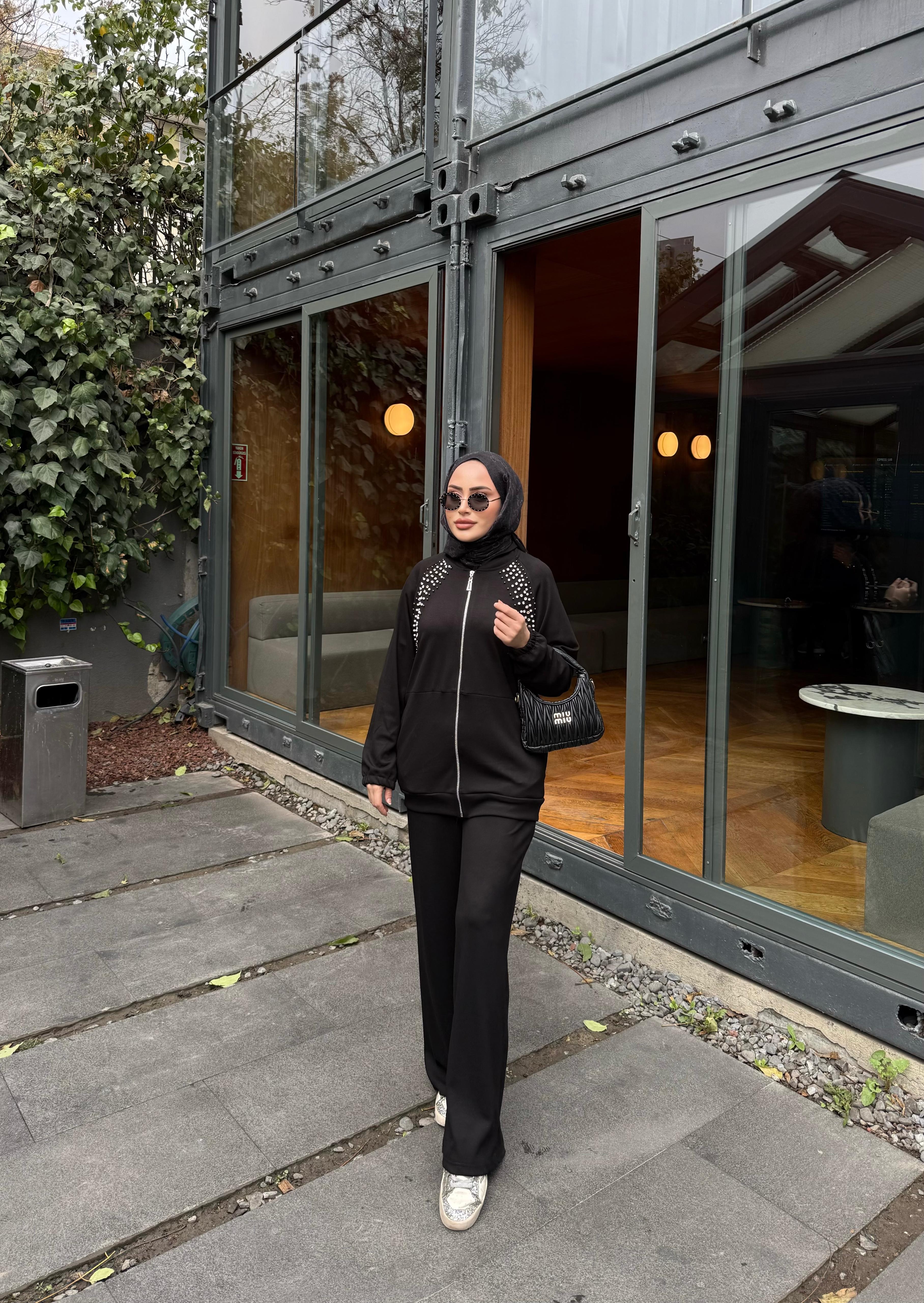 TKM-1909H&R ButikNaila Taşlı Oysh Takım Siyah