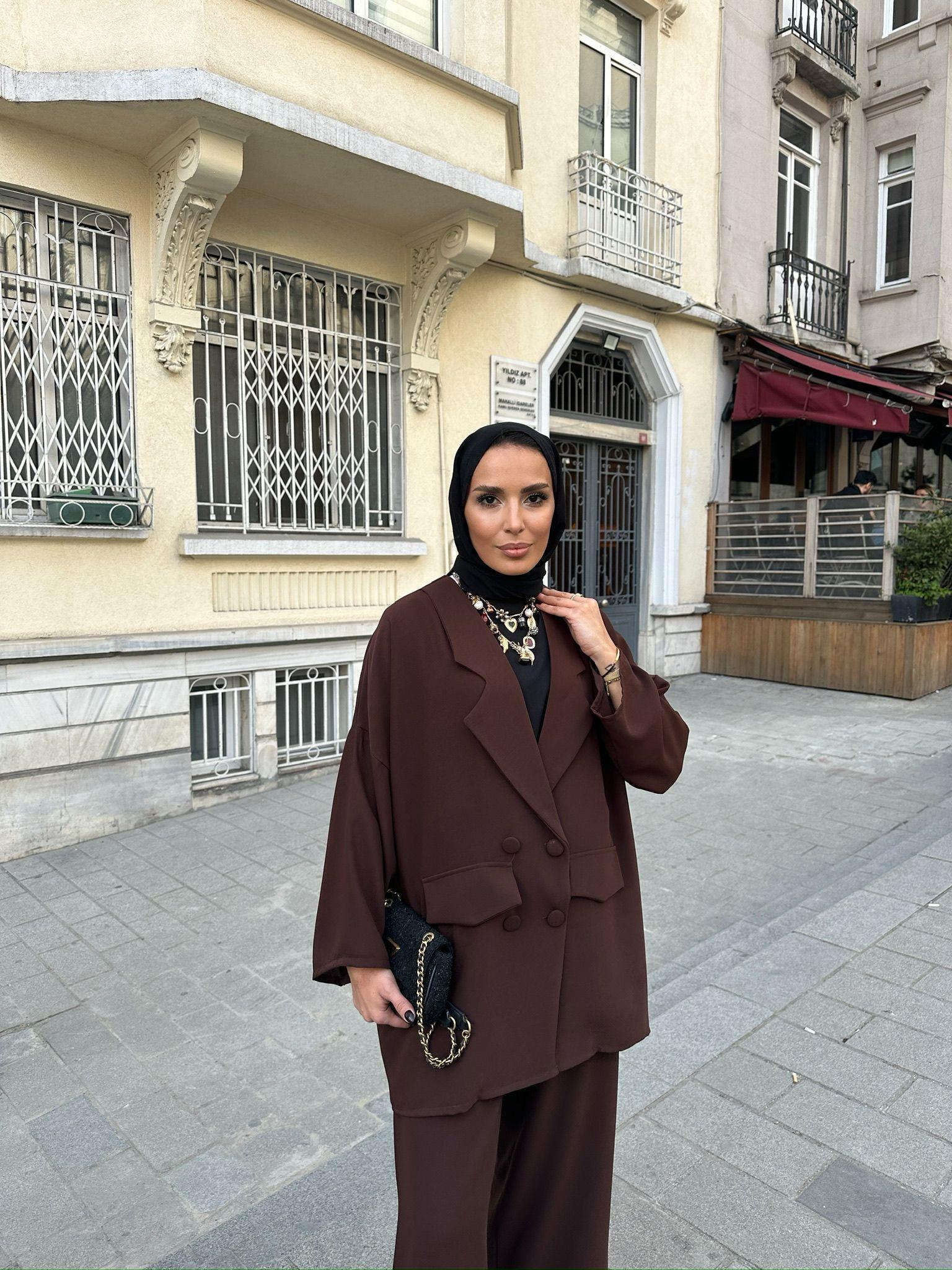 TAKM-1926H&R ButikYula Oversize Ceketli Takım Acı Kahve