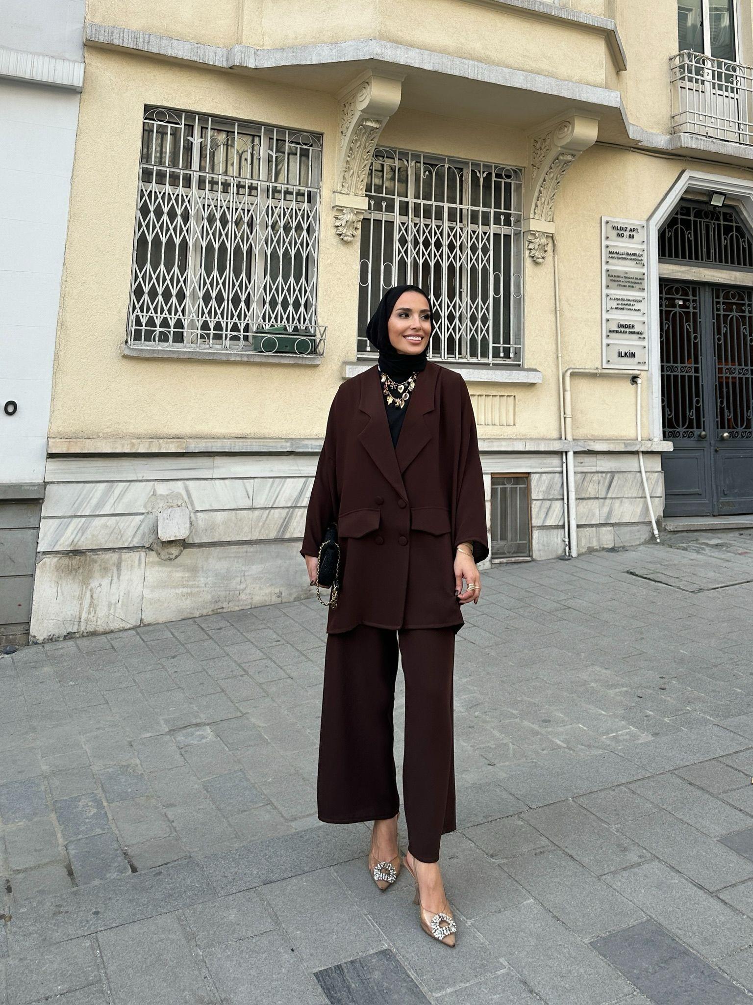 TAKM-1926H&R ButikYula Oversize Ceketli Takım Acı Kahve