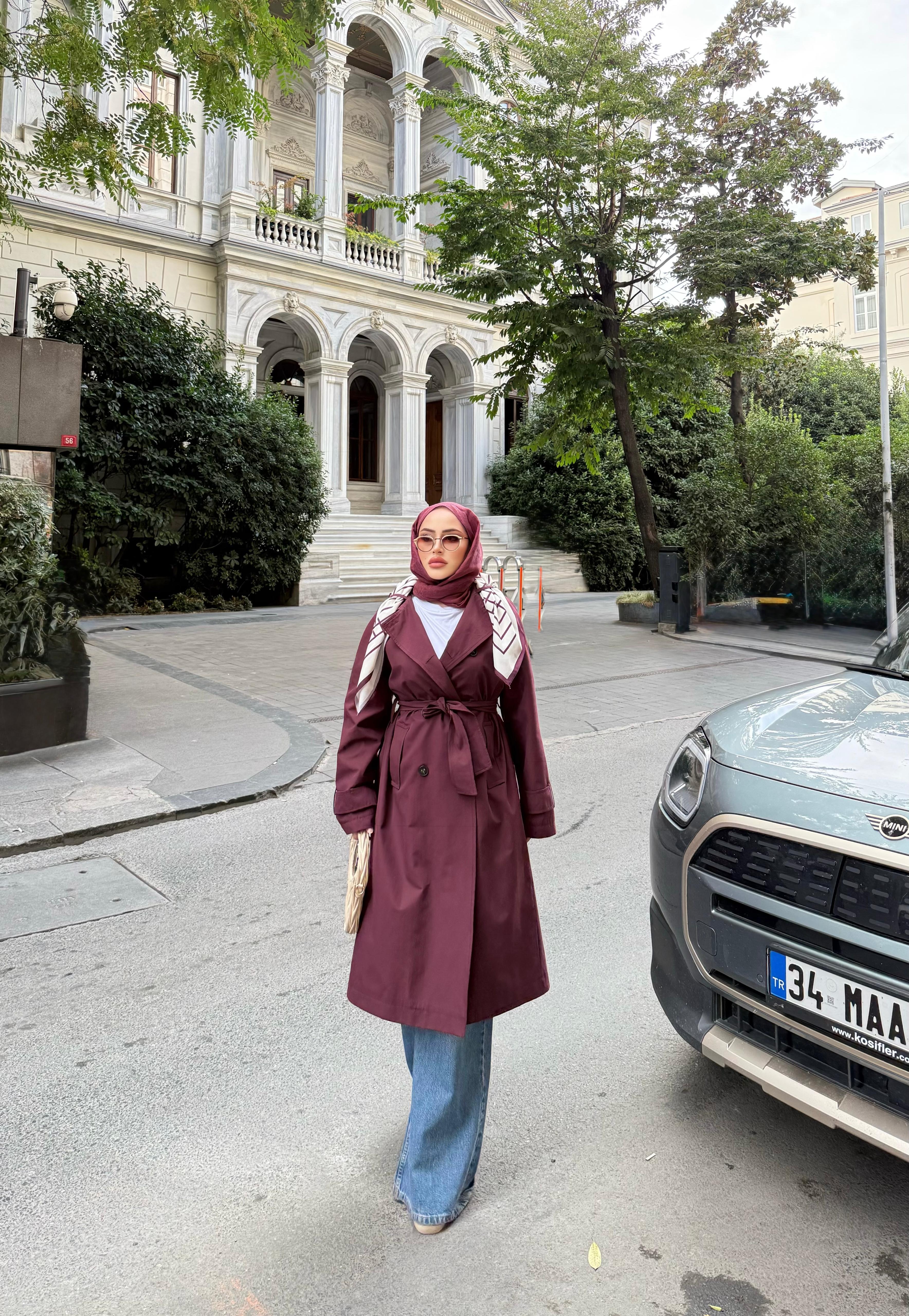 Trenc-60H&R ButikAnvelop Eşarp Detaylı Trenç Bordo