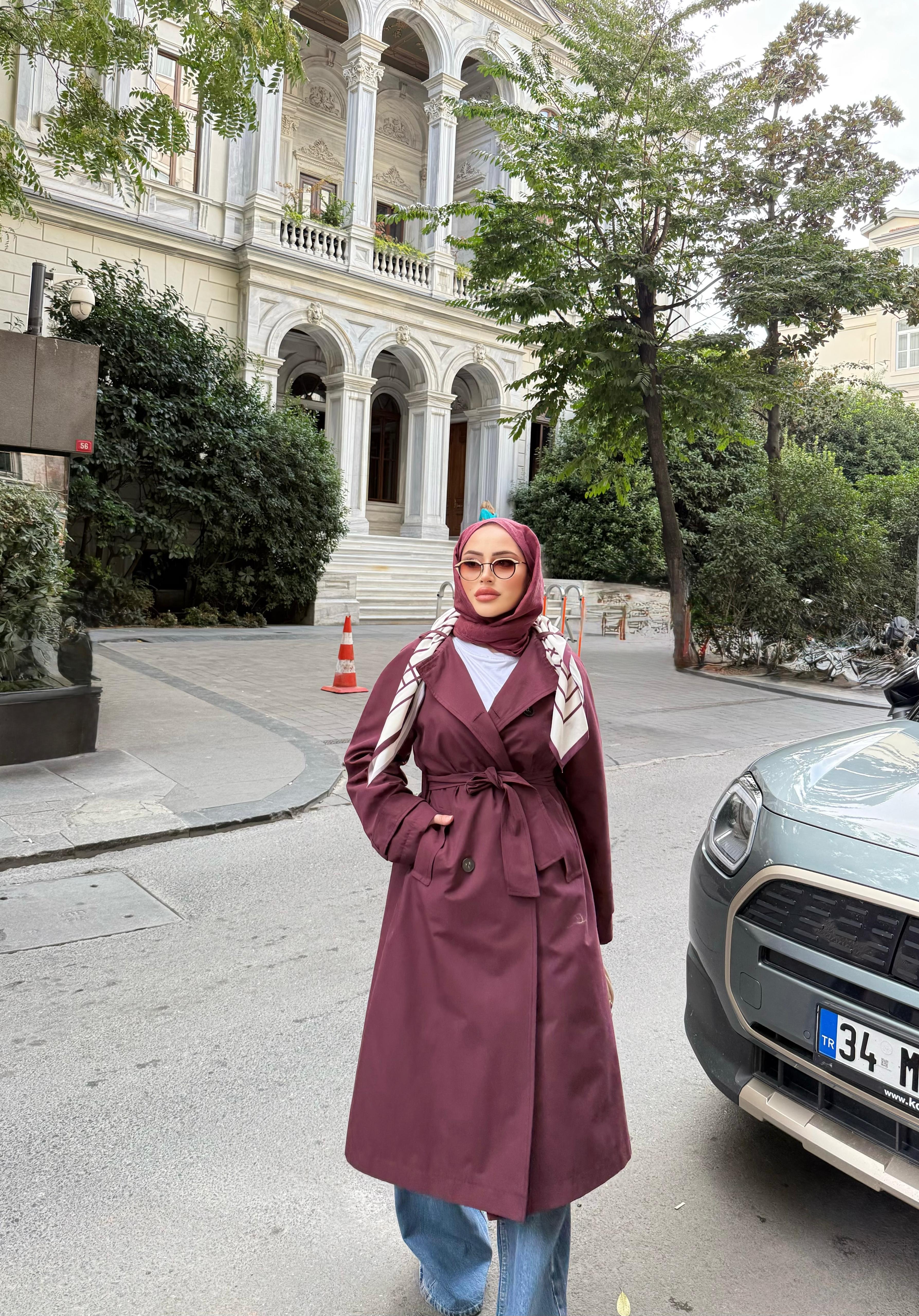 Trenc-60H&R ButikAnvelop Eşarp Detaylı Trenç Bordo