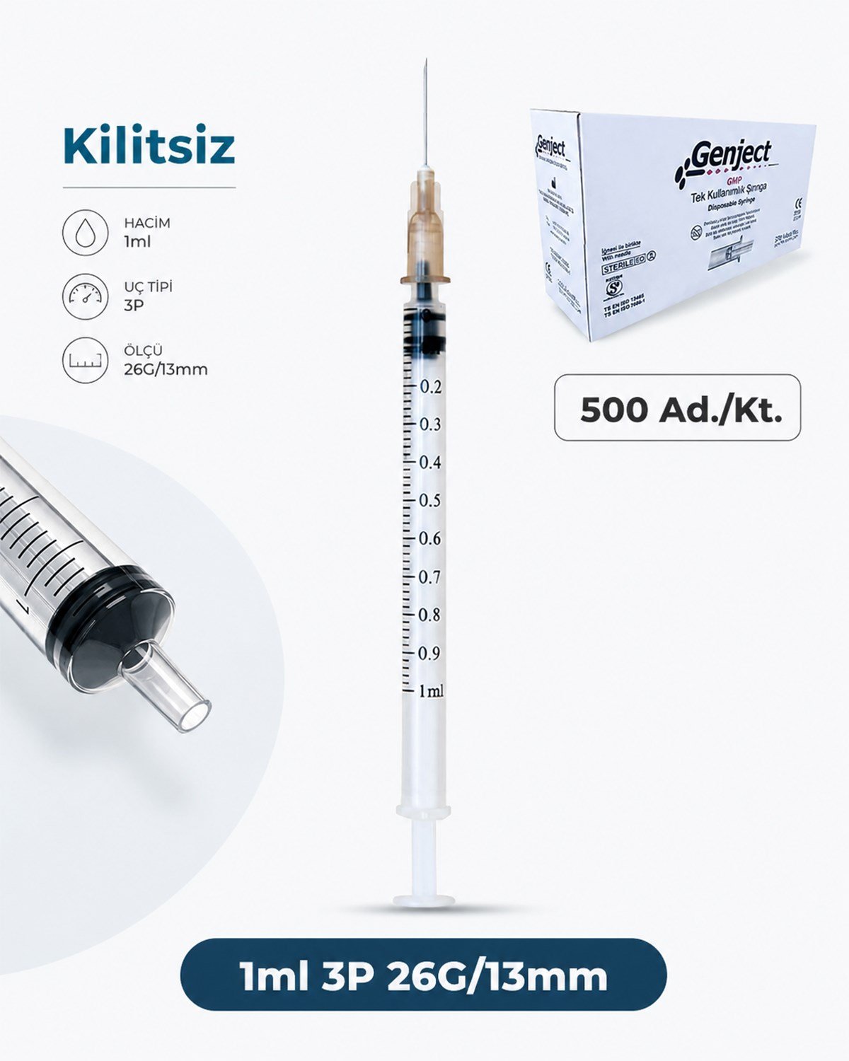 01 ml. , 3 Parçalı , 29G (0.33mm.), 13mm,Şeffaf İğneli Enjektör, Şırınga 500 Ad./Pkt.