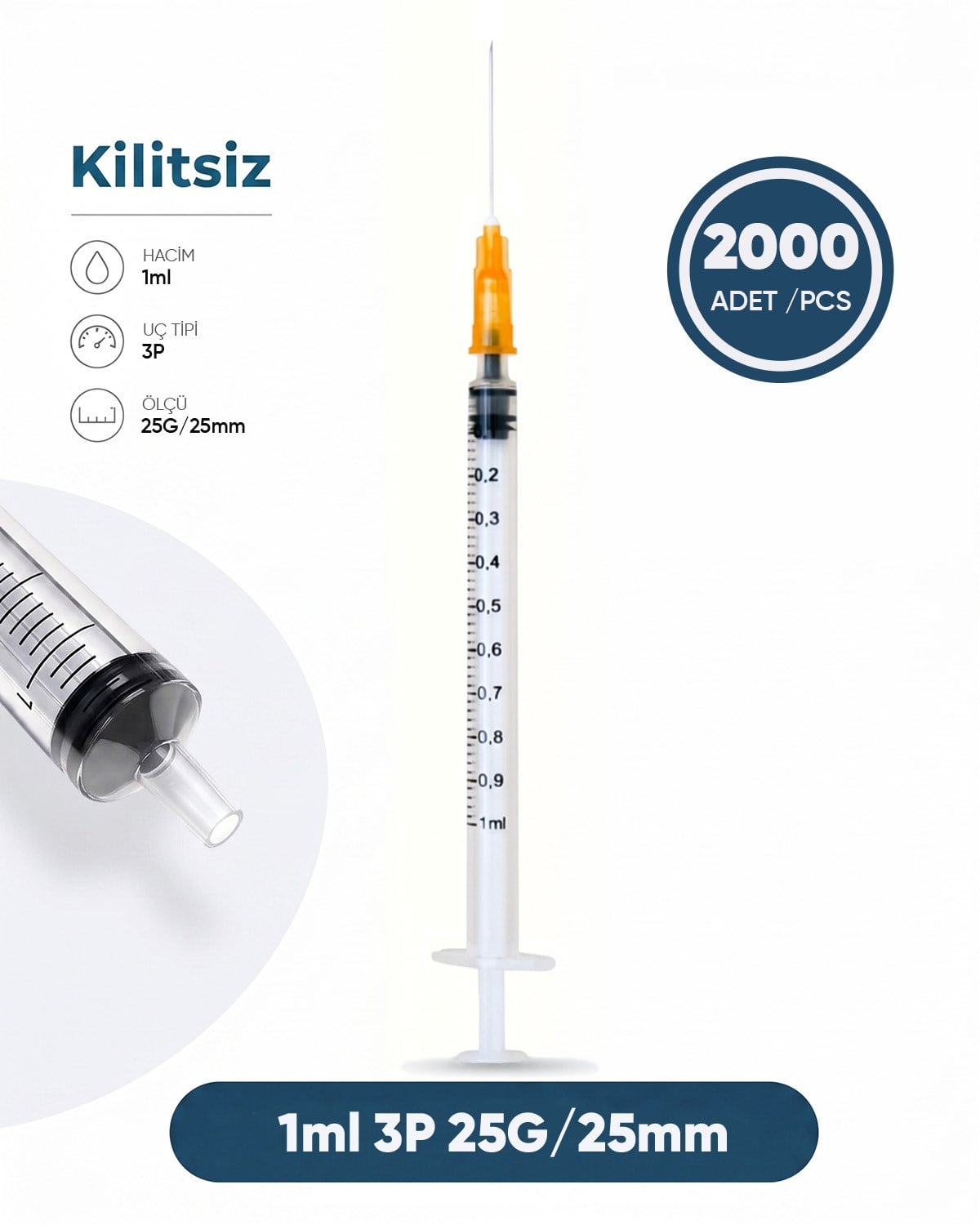 01 ml. , 3 Parçalı , 25G (0.51mm.), 25mm,Turuncu İğneli Şırınga, Aşı Enjektörü 500 Ad./Kt. (KOLİ:2000Ad.)