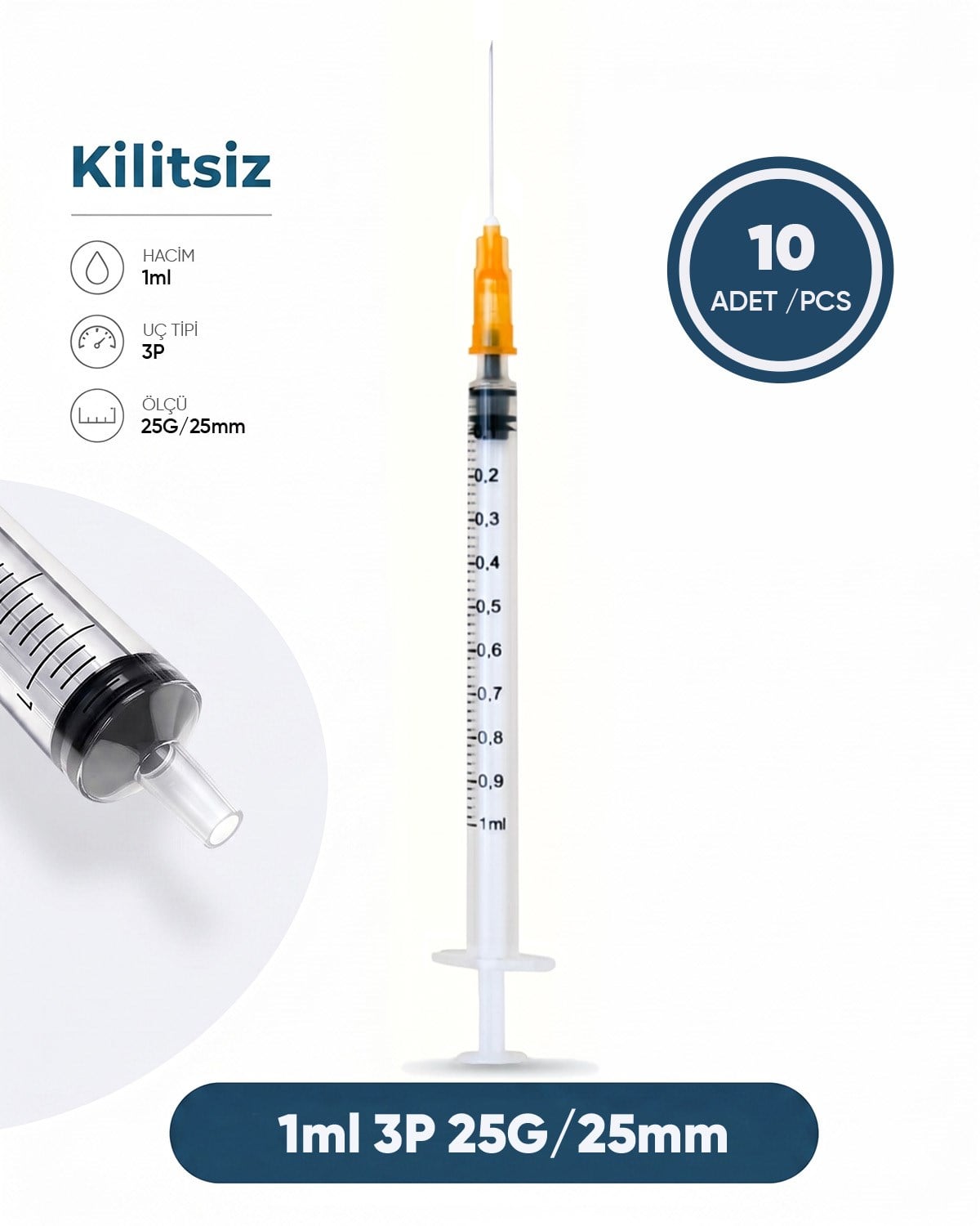 01 ml. , 3 Parçalı , 25G (0.51mm.), 25mm,Turuncu İğneli Şırınga, Aşı Enjektörü 10 Ad./Pkt.