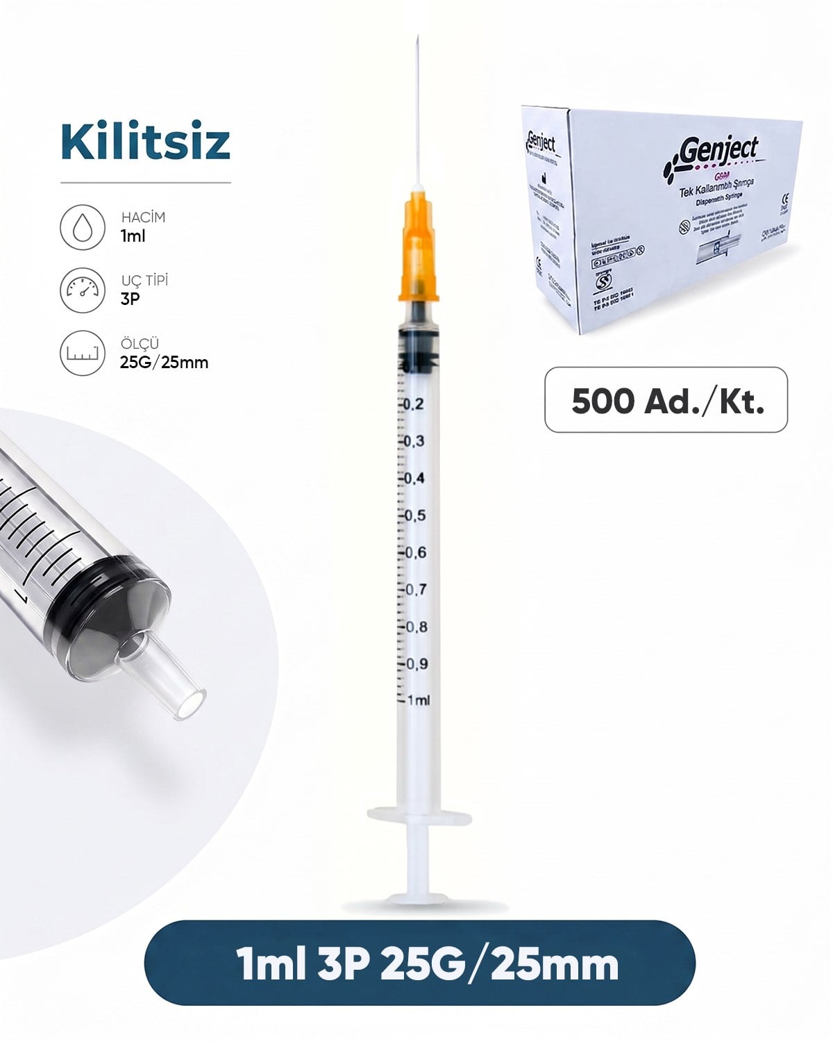 01 ml. , 3 Parçalı , 25G (0.51mm.), 25mm,Turuncu İğneli Şırınga, Aşı Enjektörü 500 Ad./Pkt.