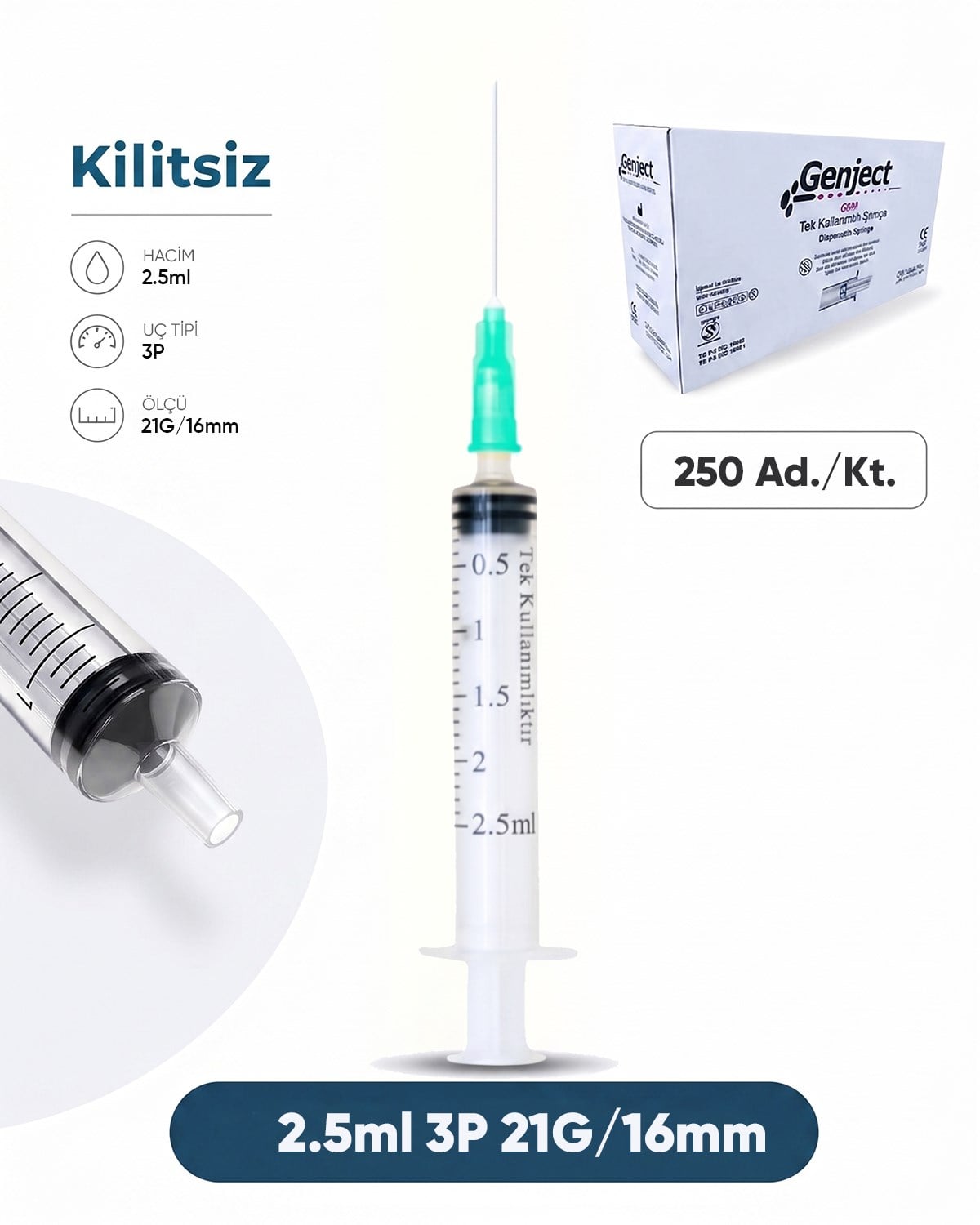 02 ml. , 3 Parçalı , 21G (0.82mm.), 16mm,Yeşil İğneli Şırınga, Enjektör 250 Ad./Pkt.