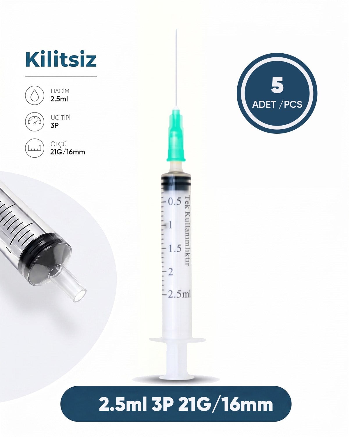 02 ml. , 3 Parçalı , 21G (0.82mm.), 16mm,Yeşil İğneli Şırınga, Enjektör 5 Ad./Pkt.