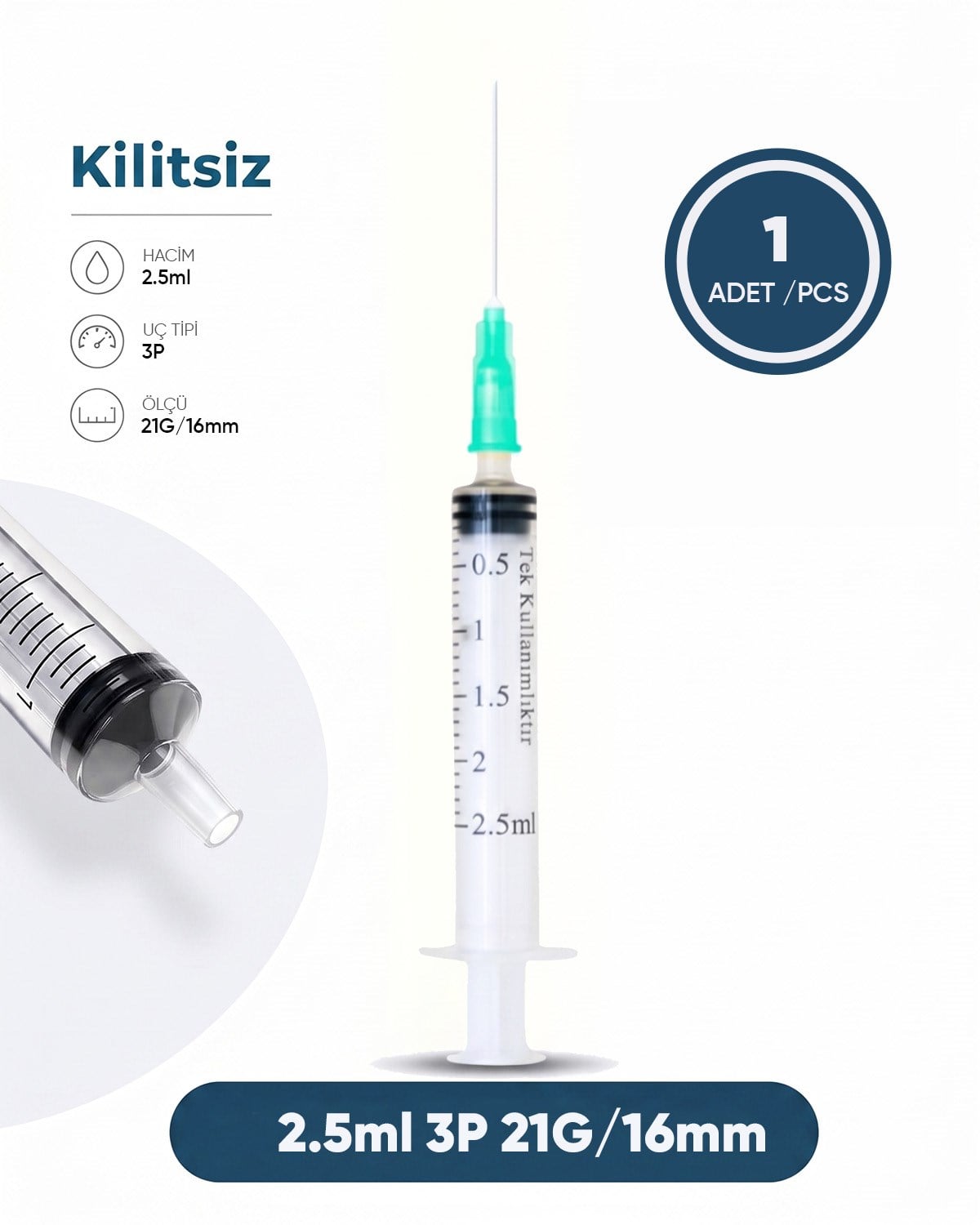 02 ml. , 3 Parçalı , 21G (0.82mm.), 16mm,Yeşil İğneli Şırınga, Enjektör 1 Ad./Pkt.