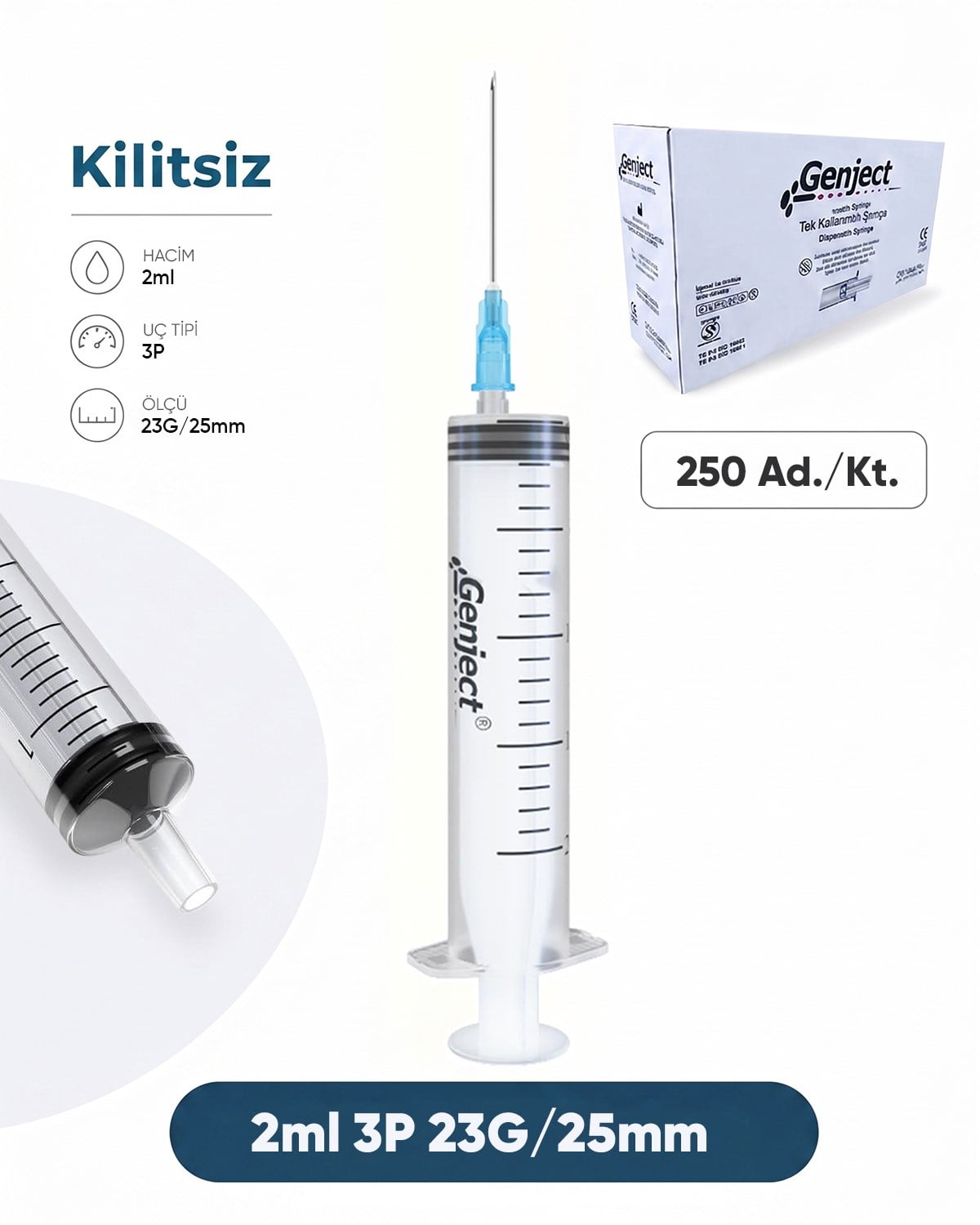 02 ml. , 3 Parçalı , 23G (0.64mm.), 25mm,Mavi İğneli Şırınga, Enjektör 250 Ad./Pkt.