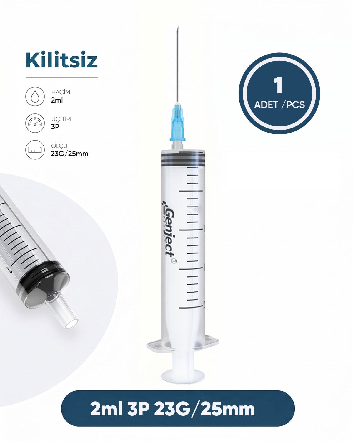02 ml. , 3 Parçalı , 23G (0.64mm.), 25mm,Mavi İğneli Şırınga, Enjektör 1 Ad./Pkt.