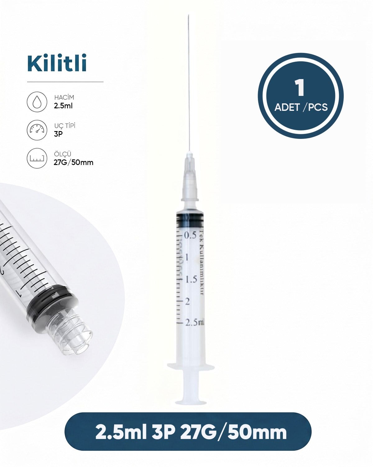 02,5 ml. , 3 Parçalı , 27G (0.41mm.), 40mm,Gri İğneli Dental Şırınga, LUER-LOCK Kilitli Dental Enjektör  1 Ad./Pkt.