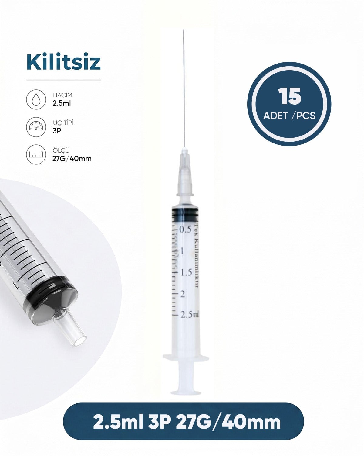 02,5 ml. , 3 Parçalı , 27G (0.41mm.), 40mm,Gri İğneli Dental Şırınga, LUER-SLIP Kilitsiz Dental Enjektör  15 Ad./Pkt.