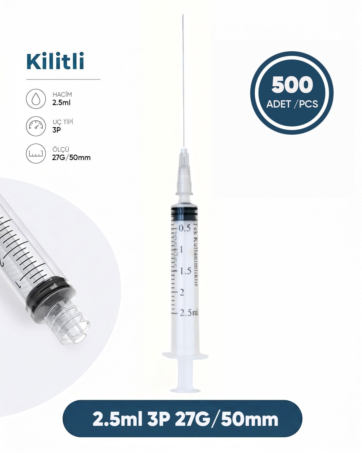 02,5 ml. , 3 Parçalı , 27G (0.41mm.), 40mm,Gri İğneli Dental Şırınga, LUER-LOCK Kilitli Dental Enjektör  500 Ad./Pkt.